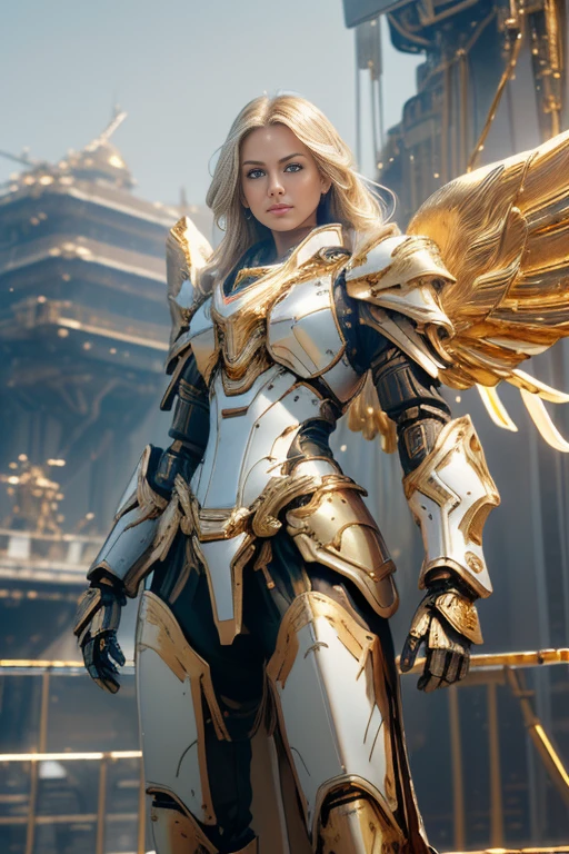 Photorealistic image ((Masterpiece)), ((high quality)) UHD 8K, of a beautiful goddess real, Realistic slim, (medium chest), (skinny waist), (long blonde hair), (blue eyes), ((Hyper-realistic mecha armor, with golden metal and intricate golden ice lights), ((large golden wings)), (in combat position, on a futuristic ship, science fiction), Photo realistic, Natural lighting, professional DSLR camera