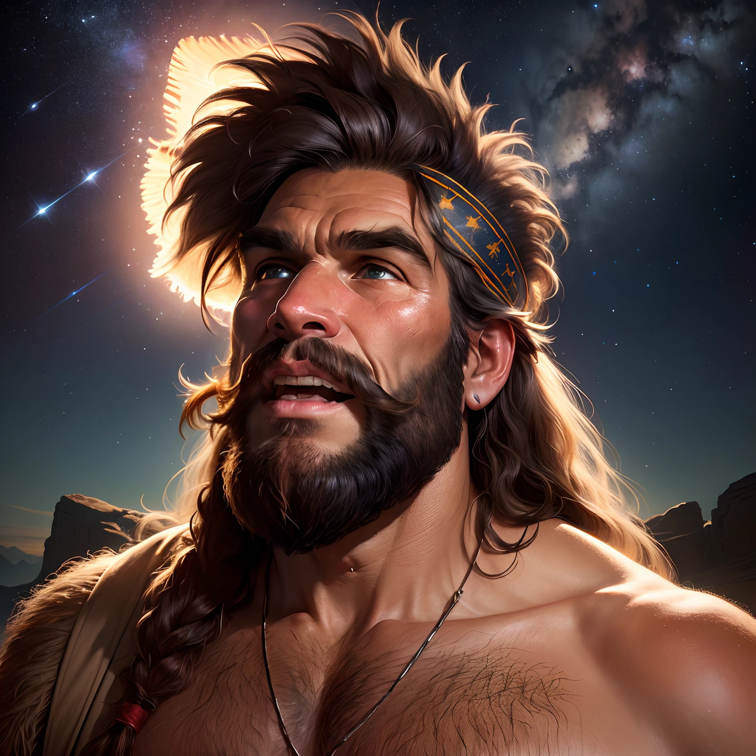 A caveman looking up at the starry sky in the mouth of a hairpan