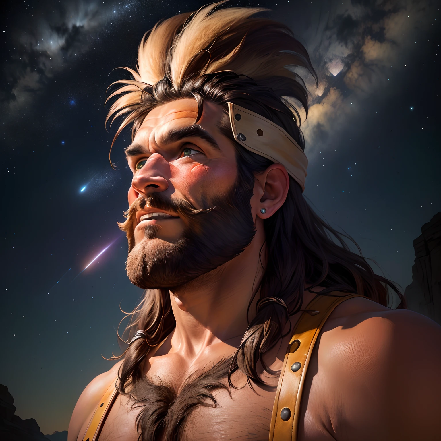 A caveman looking up at the starry sky in the mouth of a hairpan