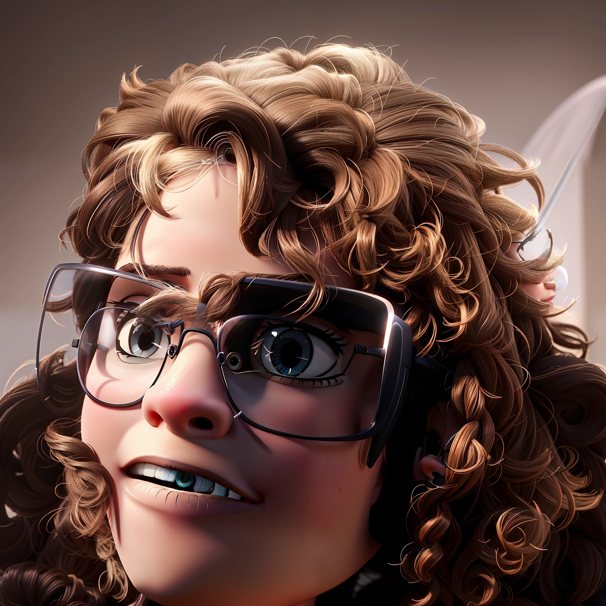 Uma mulher com cabelo cacheado, eyeglass, estilo Disney pixar, alta qualidade, melhor qualidade
