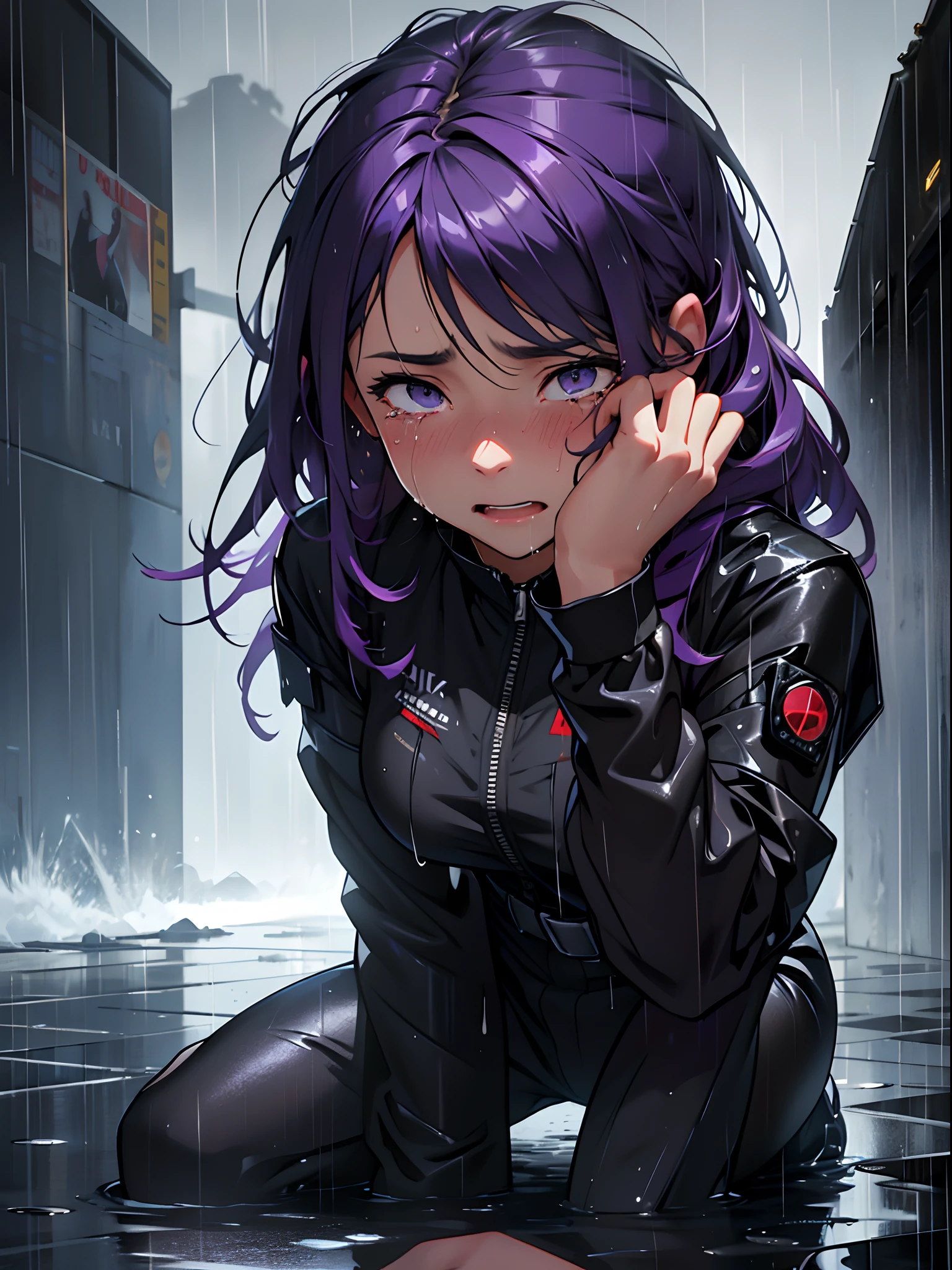 Best Quality,4k,8K,hight resolution,Masterpiece:1.2),Ultra-detailed,), Pouring rain, Heartbreaking scene with a girl, Sitting on the ground, Wet hair stuck to my face, Tears run down her face, emotional breakdown,long purple hair, Black futuristic jumpsuit, Glistening tears in my eyes, It's pouring rain outside, The girl sobs uncontrollably, Dramatic atmosphere, water droplets on face, Reflection of raindrops on the ground. explosion. She screams. Uncontrollable crying. Violent sobs. Loss. very beatiful girl. Black Hero Costume. Violent sobs. tears in my eyes. Sparkling Tears. wet hair. covered eyes. Face red with tears