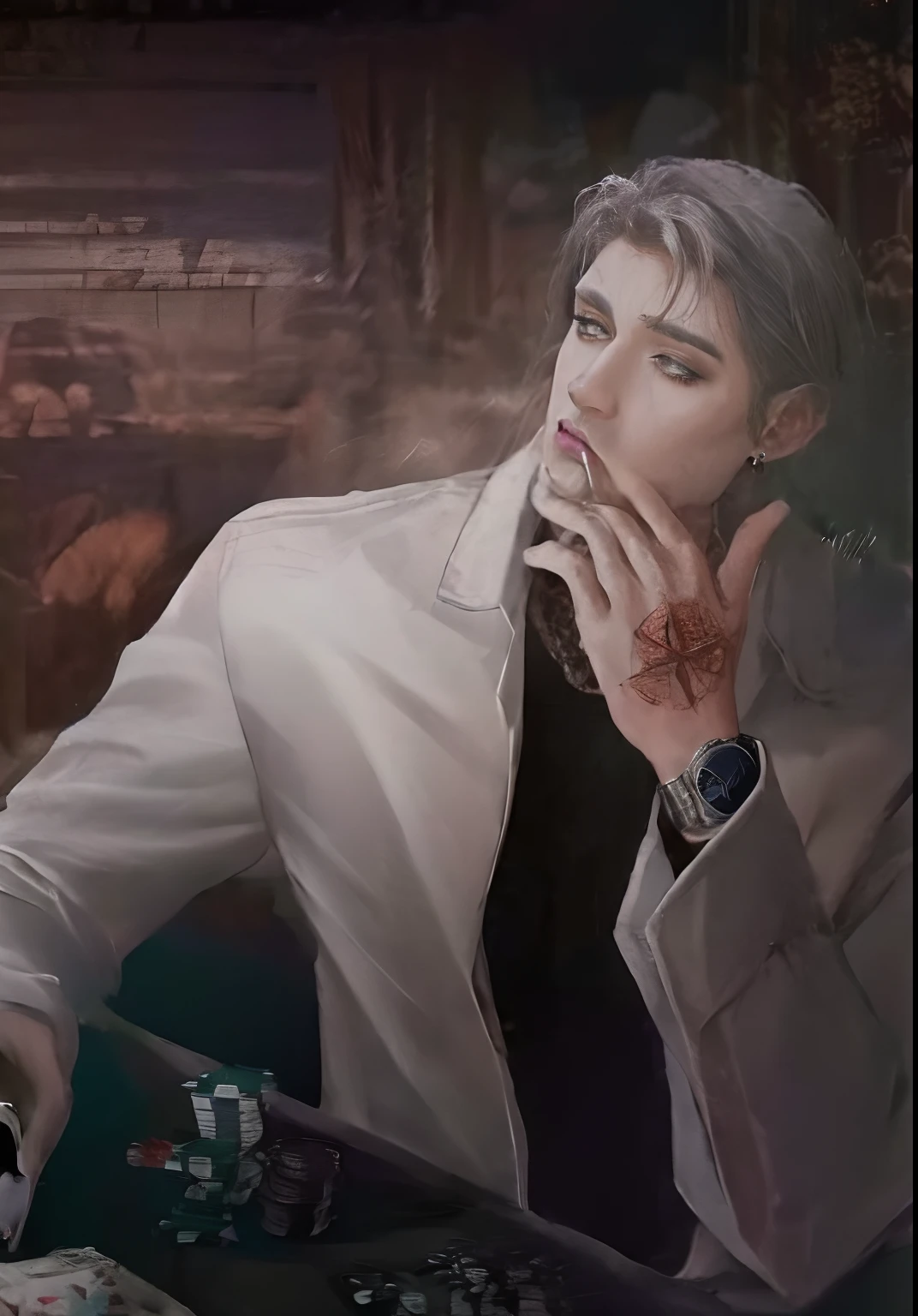 there is a man sitting at a table with a poker card, xqc, cai xukun, high quality fanart, discord pfp, handsome guy in demon slayer art, johan liebert mixed with alucard, highly detailed exquisite fanart, sakimichan frank franzzeta, sakimichan, devianart trending, trending on devianart,8k realistic anime version, highly defined, realistic anime version,8k anime style