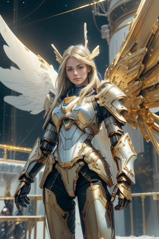 Photorealistic image ((Masterpiece)), ((high quality)) UHD 8K, of a beautiful goddess, Realistic slim, (medium chest), (thin waist), (long blonde hair), (blue eyes), ((Hyper-realistic mecha armor, with golden metal and intricate golden ice lights), ((large golden wings)), (in combat position, on a futuristic ship, science fiction), Photo realistic, Natural lighting, professional DSLR camera