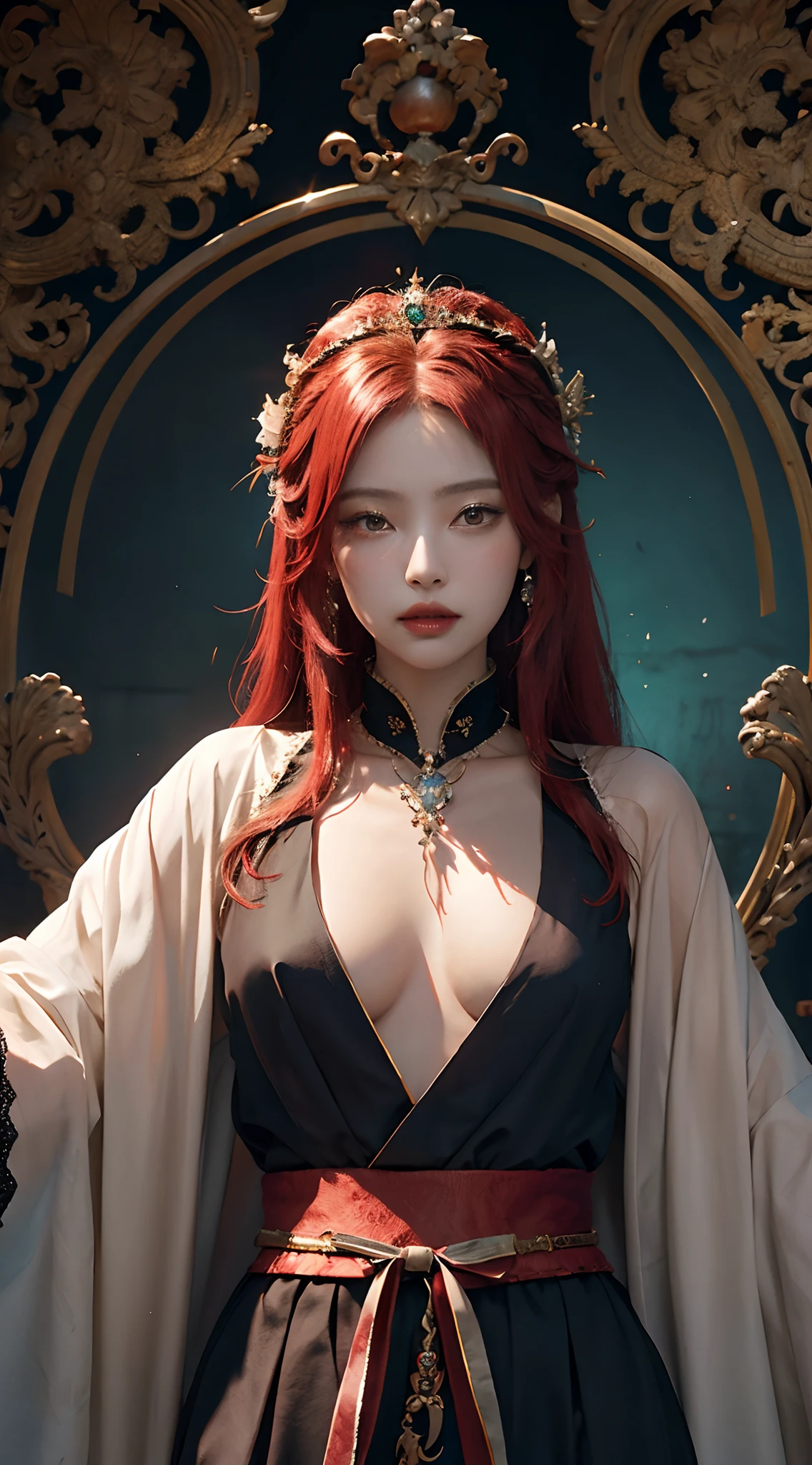 Hay una mujer con el pelo rojo y un vestido negro, a beautiful empress of fantasy, Tendencias en CGVatstation, Obras de arte al estilo de Guweiz, Diosa pelirroja, Fanart Mejor ArtStation, Hermosa y seductora mujer de anime, ((a beautiful empress of fantasy)), Fantasy art style, Diosa japonesa, 2. 5 d cgi anime fantasy artwork