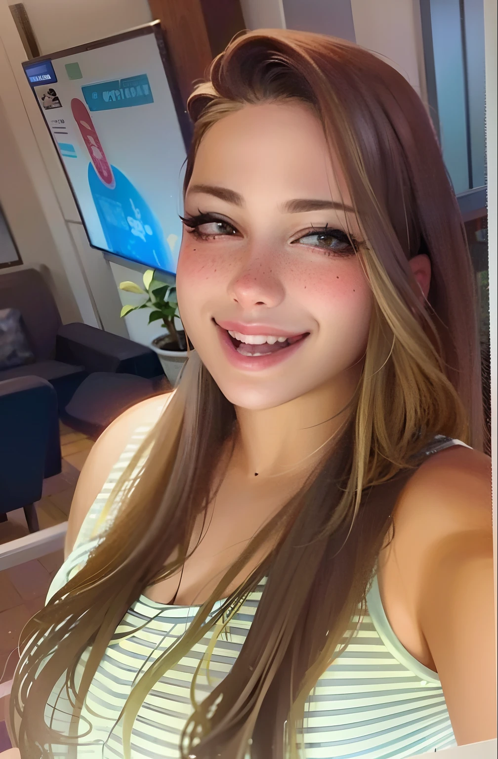 mulher argada com cabelos longos e um sorriso em uma sala de estar, imagem de perfil, Lorena Avarez, Alanis Guillen, Mulher de 30 anos, 3 0 anos de idade mulher, inspired by Gina Pellón, Parece Laura Barriales, Mulheres de 40 anos, taken in the early 2020s, foto de perfil