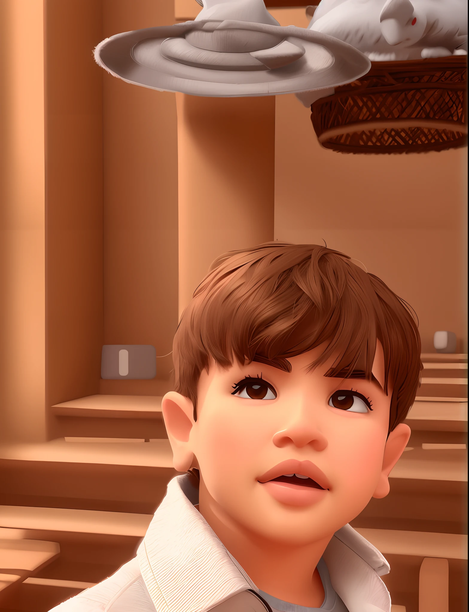 Crie um menino fofinho no estilo de desenho pixar 3D, olhos na cor castanho escuro, cabelo liso castanho claro, pele branca, pink lips.