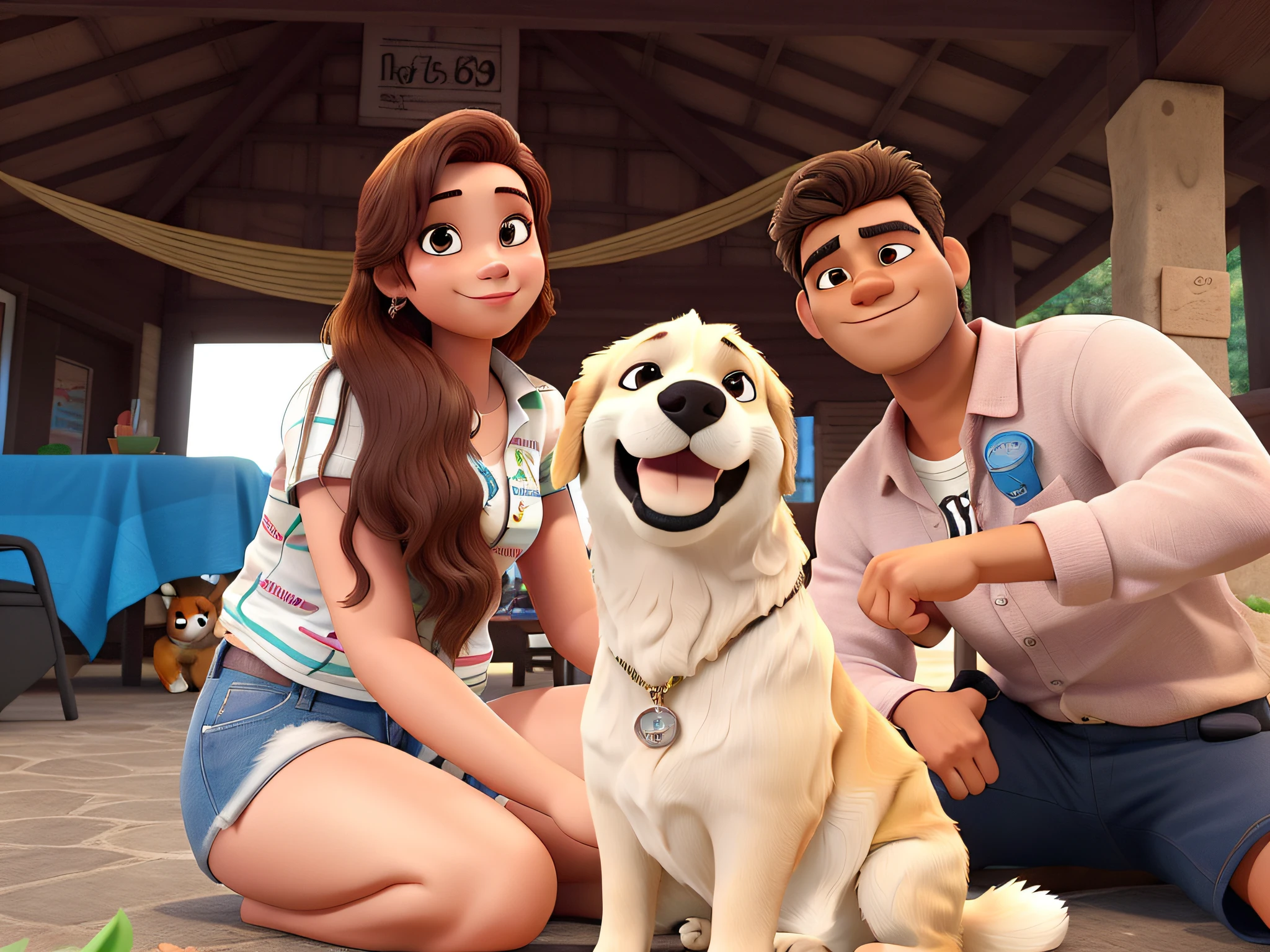 A couple of lovers and their dog a golden retiever Pixar style, o homem de pele morena e cabelo escuro, sem camisa. On the left is his girlfriend, com cabelo grande preto e liso, cor da pele branca e no centro da imagem seu cachorro, no fundo tem uma area de churrasco com uma rede