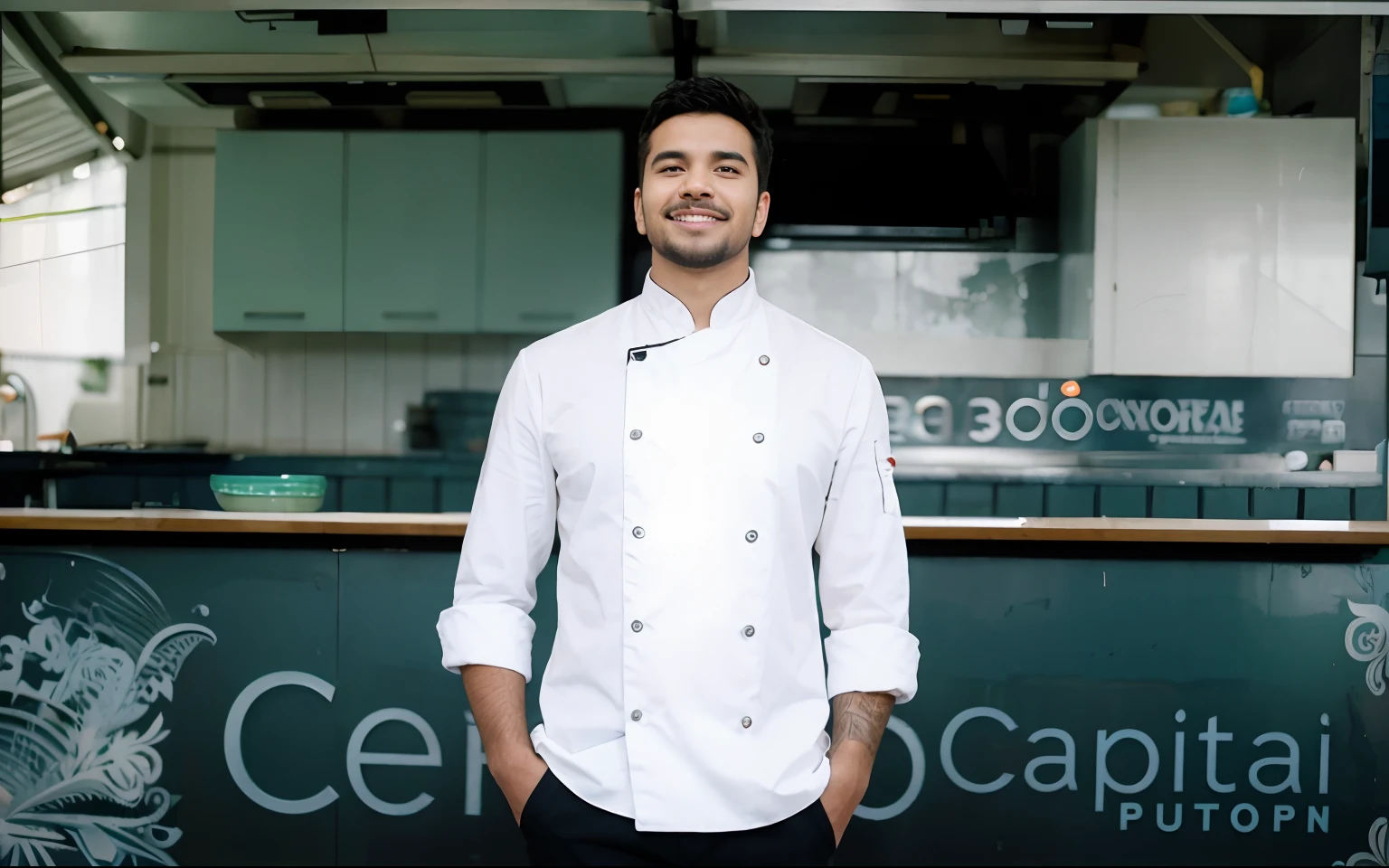 Chef jovem e bonito,Havia um leve sorriso no canto da boca, Hands on hips, There was confidence in his gaze. Images of various ingredients float around it, como vegetais, Frutas, carne, e muito mais.,No Estilo das Estrelas Grupo de Arte Xing Xing, 32k, best quality, master part, Super Detalhe, High Details Using Photography Features