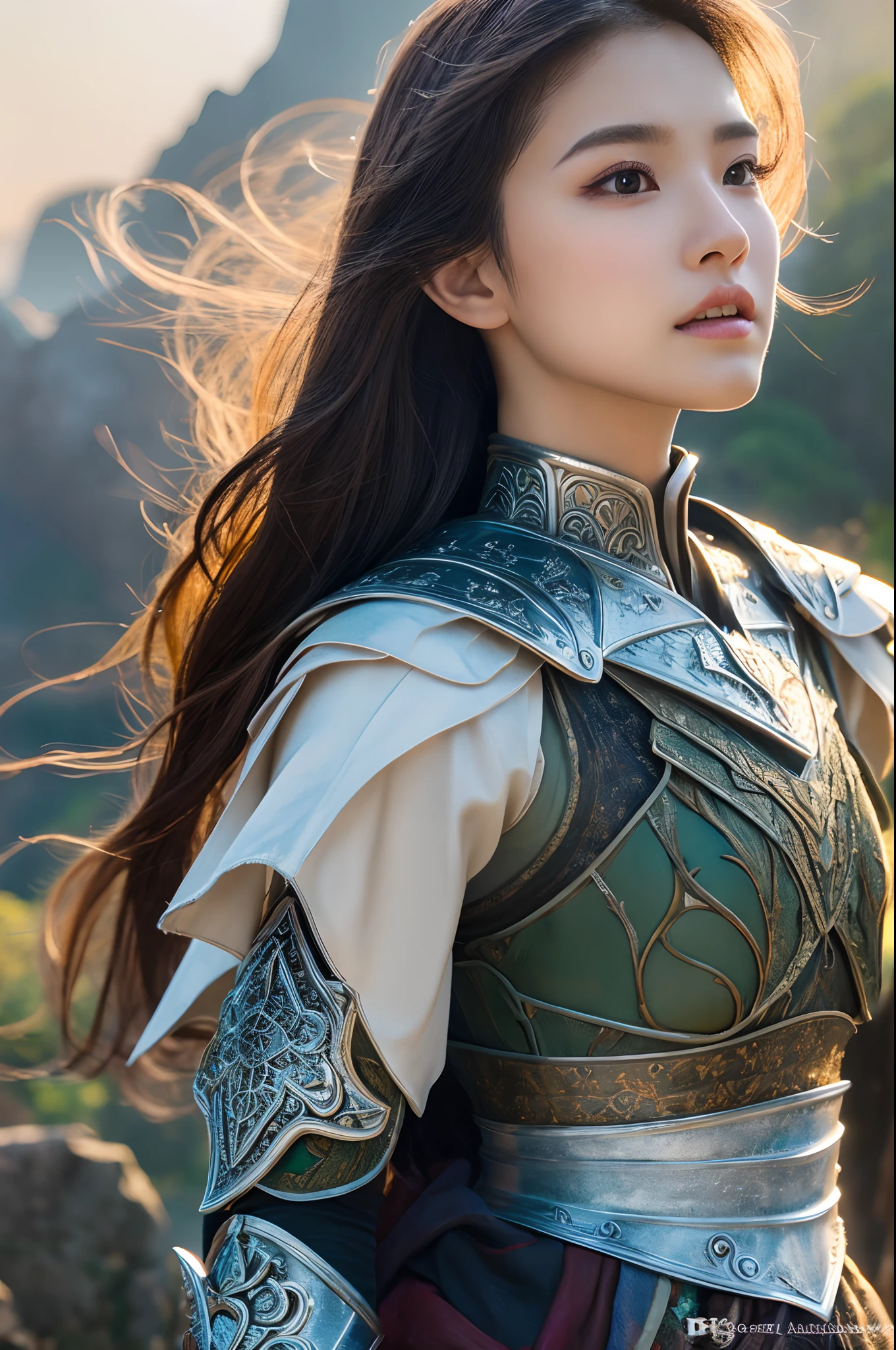8K、ultra-detailliert、masterpiece、top-quality、(ighly detailed)、dynamic ungle、mysterious look、Wind-effect、Fantasy Background、Rim Lighting、ciinematic light、超A high resolution、8K UHD、film grains、Best Shadows、delicate、RAW、Particles of light、detailed skin textures、detailed armor texture、A detailed face、intricate-detail、ultra-detailliert、发光、strong con、Silver armor、(Holding weapons)、Slashing、Slashing Action、large full breasts,scapular、radiant eyes、 long cloak、Fantasia、(逼真)、armor on the shoulders、Convoluted、Convoluted、Perfect litthing、looking at the viewers、电影灯光、flying though the air、flight、Holy Light、Brilliant、bangss、Windy、Frozen mountains々、Long white wavy hair、Rich Queen