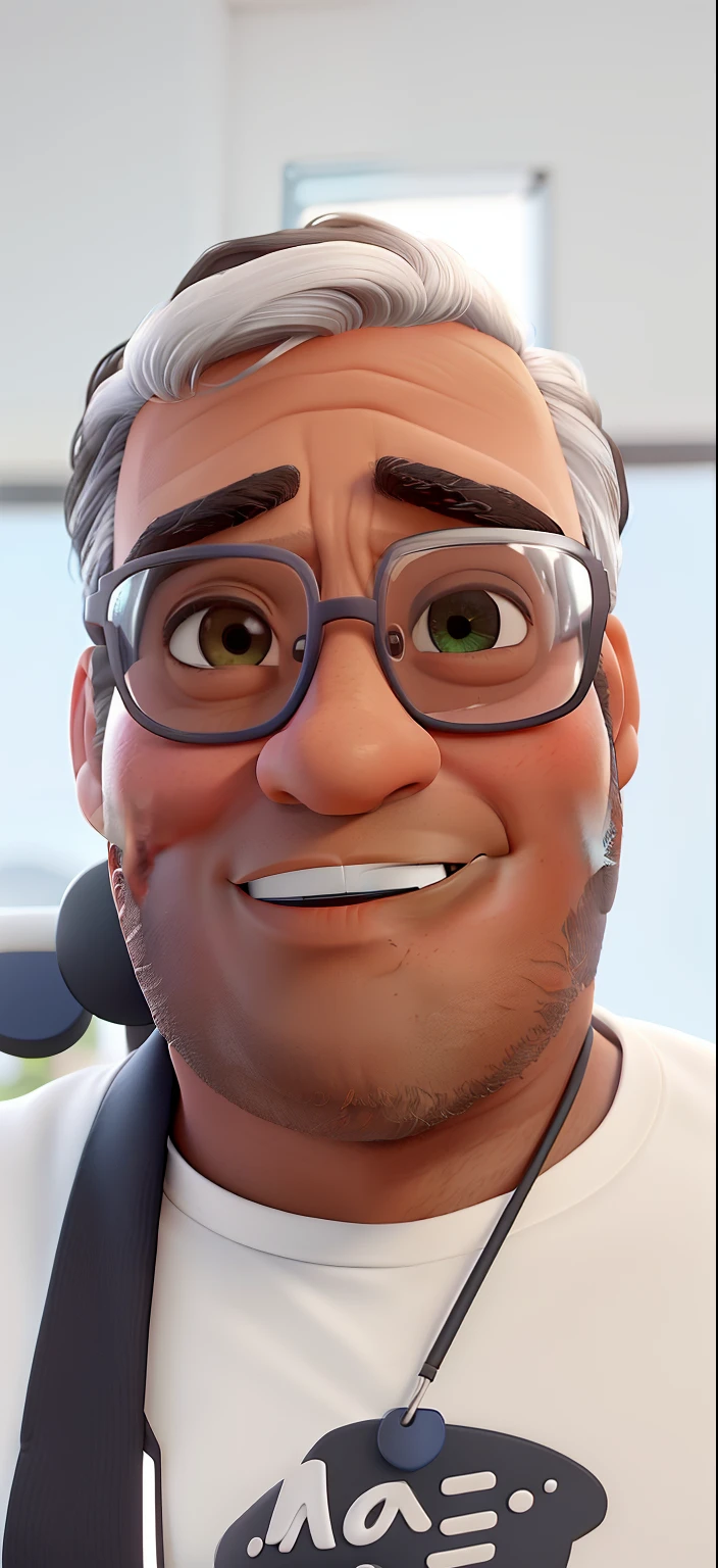Um homem de pele morena, com 39 anos de idade, Science Teacher, Wearing Rounded Eyeglass, um pouco gordinho, com 1,71 de altura, cabelo raspado preto e calvo, olhos castanhos, rosto largo e sorrindo