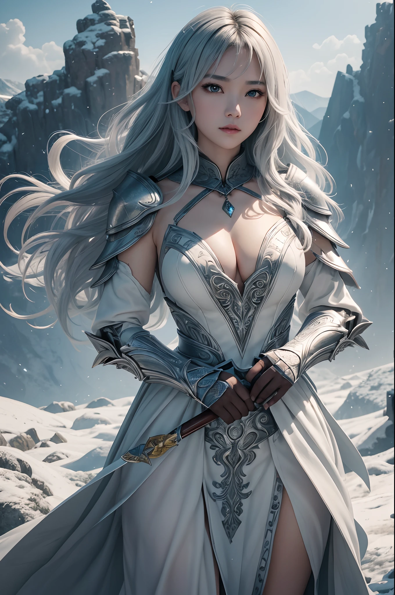 8K、ultra-detailliert、masterpiece、top-quality、(ighly detailed)、dynamic ungle、mysterious look、Wind-effect、Fantasy Background、Rim Lighting、ciinematic light、超A high resolution、8K UHD、film grains、Best Shadows、delicate、RAW、Particles of light、detailed skin textures、detailed armor texture、A detailed face、intricate-detail、ultra-detailliert、发光、strong con、Silver armor、(Holding weapons)、Slashing、Slashing Action、large full breasts,scapular、radiant eyes、 long cloak、Fantasia、(逼真)、armor on the shoulders、Convoluted、Convoluted、Perfect litthing、looking at the viewers、电影灯光、flying though the air、flight、Holy Light、Brilliant、bangss、Windy、Frozen mountains々、Long white wavy hair、Rich Queen