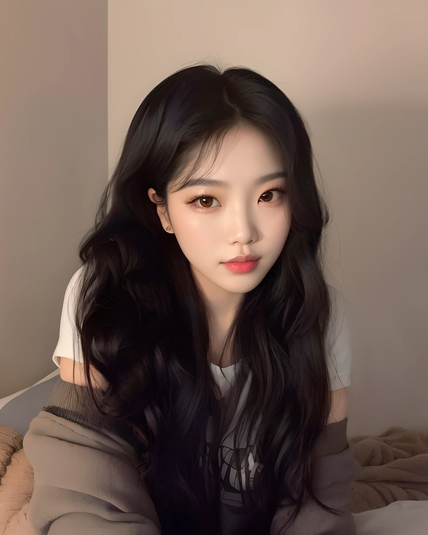 There's a woman with long black hair sitting on a bed, Ulzzang, coreana, maquiagem sul-coreana popular, maquiagem coreana popular, Mulher sul-coreana bonita, wan adorable korean face, jennie blackpink, Ela tem cabelo preto com franja, Jinyoung Canela, young adorable korean face, linda mulher coreana jovem, foto de perfil headshot, mulher coreana jovem bonita