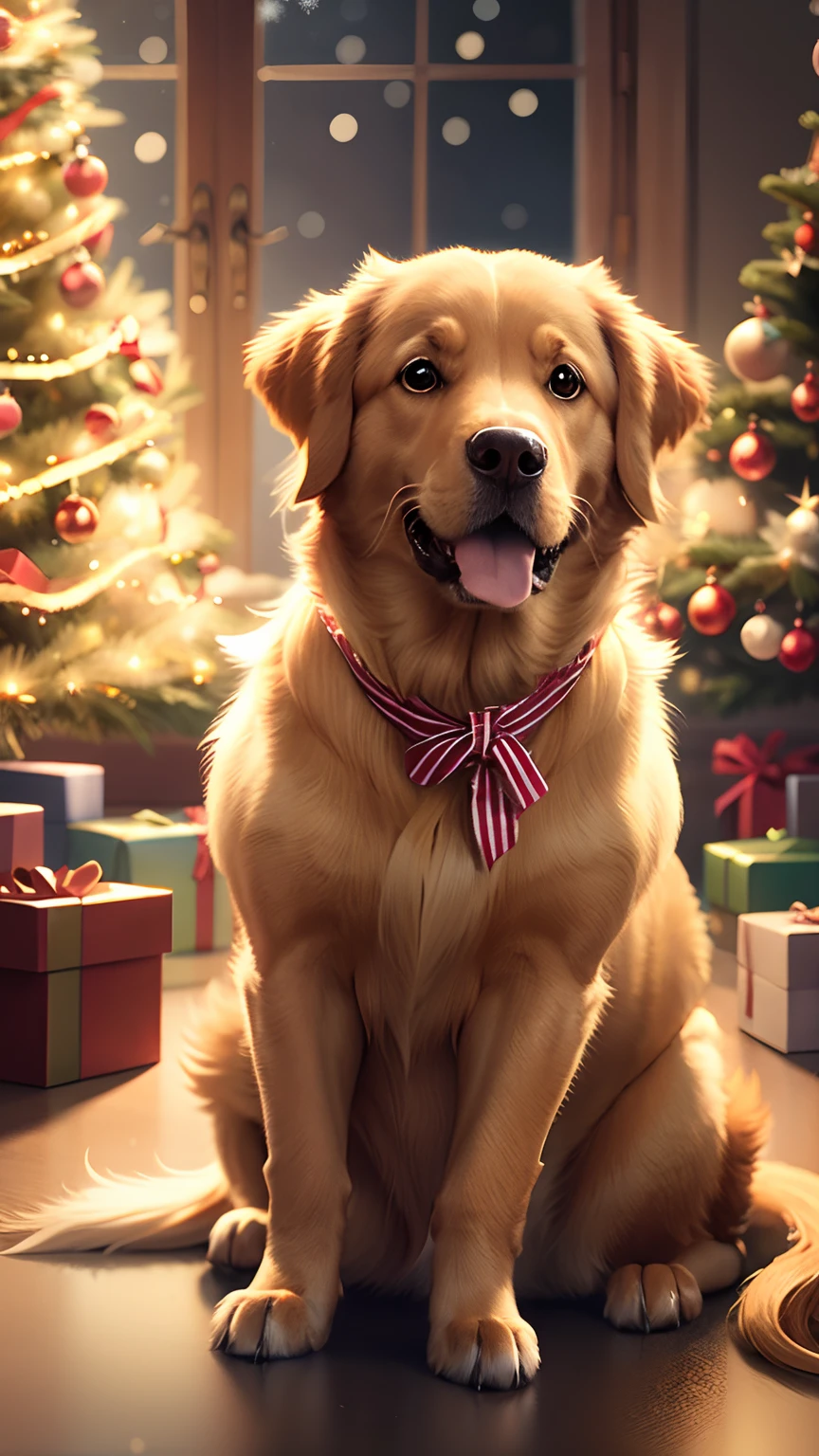 Quantum-type Golden Retriever in Christmas settings