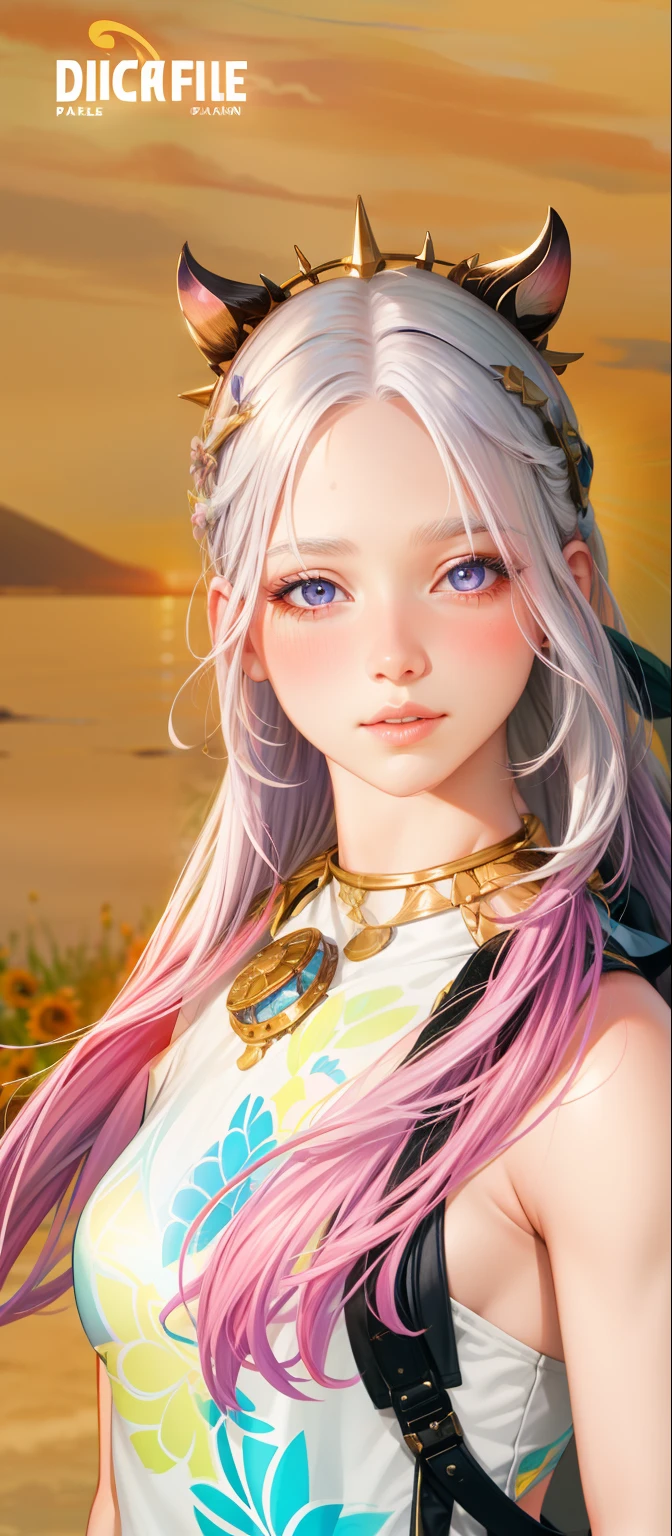 realistic, 1girl, white hair, purple eyes, glowing eyes, crop top, skirt, parted lips, blush, night, flowers, sun, sunlight,