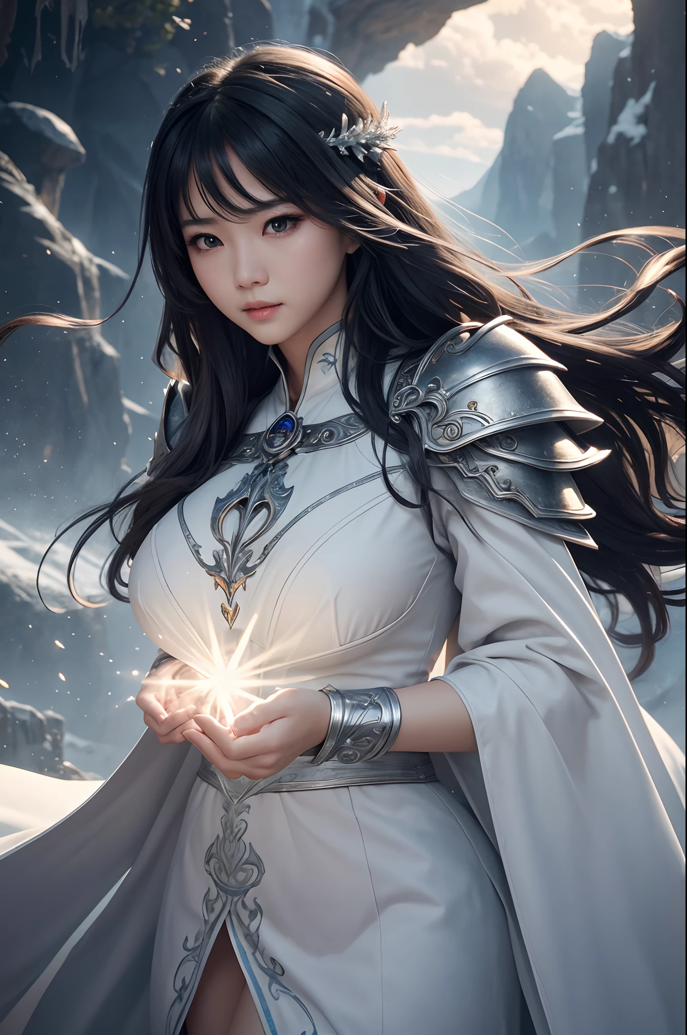 8K、Big Breasts Super Detailed、​masterpiece、top-quality、(ighly detailed)、dynamic ungle、mysterious look、Wind-effect、Fantasy Background、Rim Lighting、ciinematic light、超A high resolution、8K UHD、film grains、Best Shadows、delicate、RAW、Particles of light、detailed skin textures、detailed armor texture、A detailed face、intricate-detail、ultra-detailliert、发光、strong con、Silver armor、(Holding weapons)、Slashing、Slashing Action、large full breasts,scapular、radiant eyes、 long cloak、Fantasia、(逼真)、armor on the shoulders、Convoluted、Convoluted、Perfect litthing、looking at the viewers、电影灯光、flying though the air、flight、Holy Light、Brilliant、bangss、Windy、Frozen mountains々、Long white wavy hair、Rich Queen