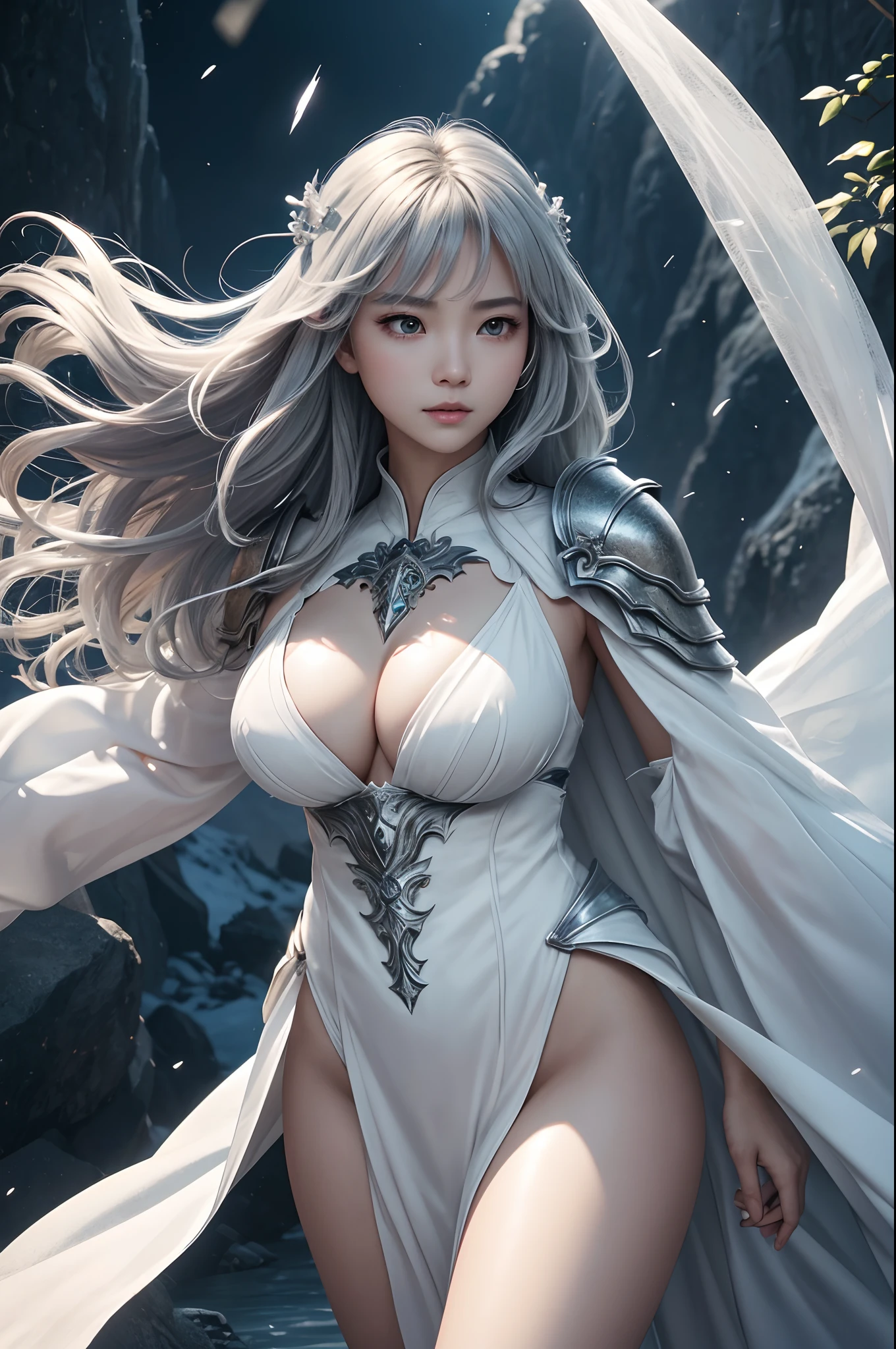 8K、Big Breasts Super Detailed、masterpiece、top-quality、(ighly detailed)、dynamic ungle、mysterious look、Wind-effect、Fantasy Background、Rim Lighting、ciinematic light、超A high resolution、8K UHD、film grains、Best Shadows、delicate、RAW、Particles of light、detailed skin textures、detailed armor texture、A detailed face、intricate-detail、ultra-detailliert、发光、strong con、Silver armor、(Holding weapons)、Slashing、Slashing Action、large full breasts,scapular、radiant eyes、 long cloak、Fantasia、(逼真)、armor on the shoulders、Convoluted、Convoluted、Perfect litthing、looking at the viewers、电影灯光、flying though the air、flight、Holy Light、Brilliant、bangss、Windy、Frozen mountains々、Long white wavy hair、Rich Queen