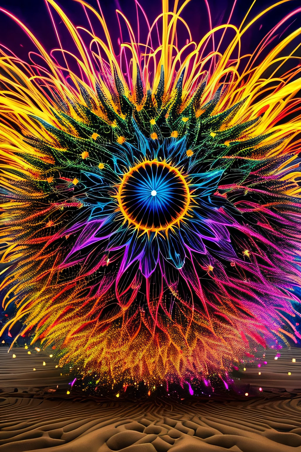 A magnificent psychedelic darkness monster in explosion of thousands of balls filled with sand of different colors, very textured and detailed
