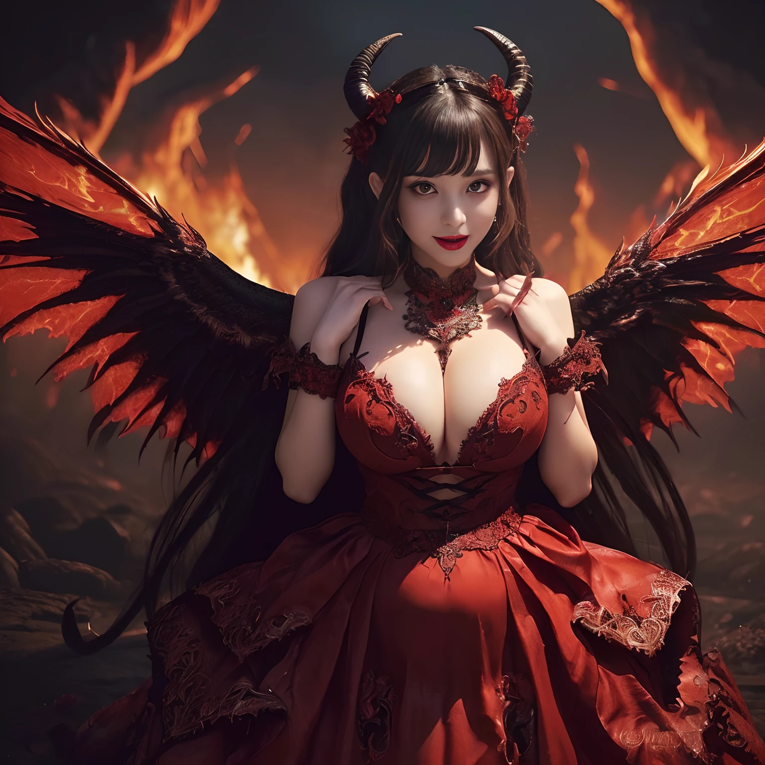 ((A very beautiful demon queen,Luxurious long dresses,Pregnancy,Twin-tailed,Wave twin tails,Young face,Very Long Twin Tails,Giant Devil Tiara,Big Princess Dresses,Final form as a complete demon,The Devil's Masterpiece,Frightening giant wings,Huge and intricate demon wings,Big Devil's Horn,Realistic and big horns,Creepy horns,Wings with a very elaborate texture,Wings with a very complex texture,Creature wings with a very realistic texture,Wings of a terrifying monster,The most intricate and luxurious gothic dresses,Bright red lipstick,Mouth dripping with blood,Red Eyes,The most gorgeous princesses dress up with achievements,The most beautiful princesses in the world,Spooky and beautiful demons,The cutest face,Intricate and solemn black dress,The background is intricate and detailed volcanic lava, Evil and beautiful demon,The most majestic appearance of the Demon Queen,Huge Queen Tiara,The most complex depictions of demons,Accurate reproduction of perfect demonic details,The appearance of an unimaginably gorgeous demon,The unimaginably huge and beautiful appearance of the demon,A large amount of lava flows in the background,Lava erupts violently,Lava splashes,Lava flowing in large quantities,Glowing lava,Stand in the crater of a volcano,Realistic and complex lava)),((Most beautiful face,Half Japan and half Spanish,The happiest smile,Beautiful wavy hair,The most luxurious and intricate dresses,The biggest smile staring at the camera)),(eyes glowing red,Glowing red eyes,Glowing red eyes)),Chest that seems to burst,A dress that tightens the waist,Slimed,Colossal tits,Emphasize body lines,Giant wings of the devil,masutepiece,8K,very intricate,ultra-detailliert