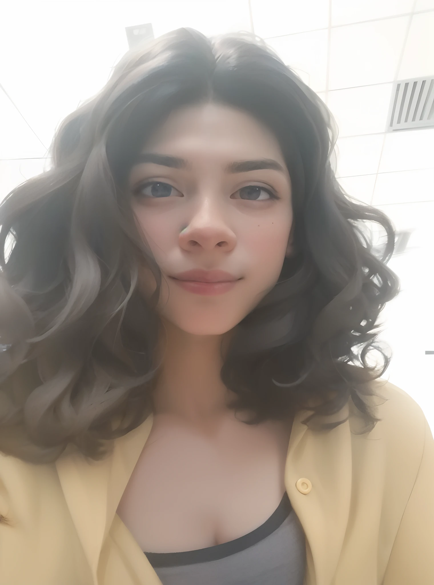 There's a woman with long hair and a yellow jacket, selfie de uma jovem mulher, messy curly hair, Tema amarelo cabelo ondulado, com cabelos longos, sem maquiagem cabelo ondulado, em torno de 1 9 anos, parted hair, seu rosto emoldurado com cachos, 18 anos, com longos cabelos cacheados, foto selfie, imagem frontal, imagem do rosto, staring directly at camera