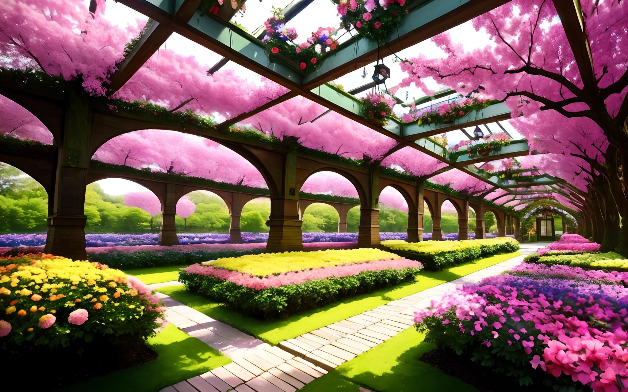 Looking up angle, huge tree lined with flower houses with bridges and platforms connecting the flower houses to eachother, pink & yellow lighting, fantasy flora, enchanted atmosphere, magic forest