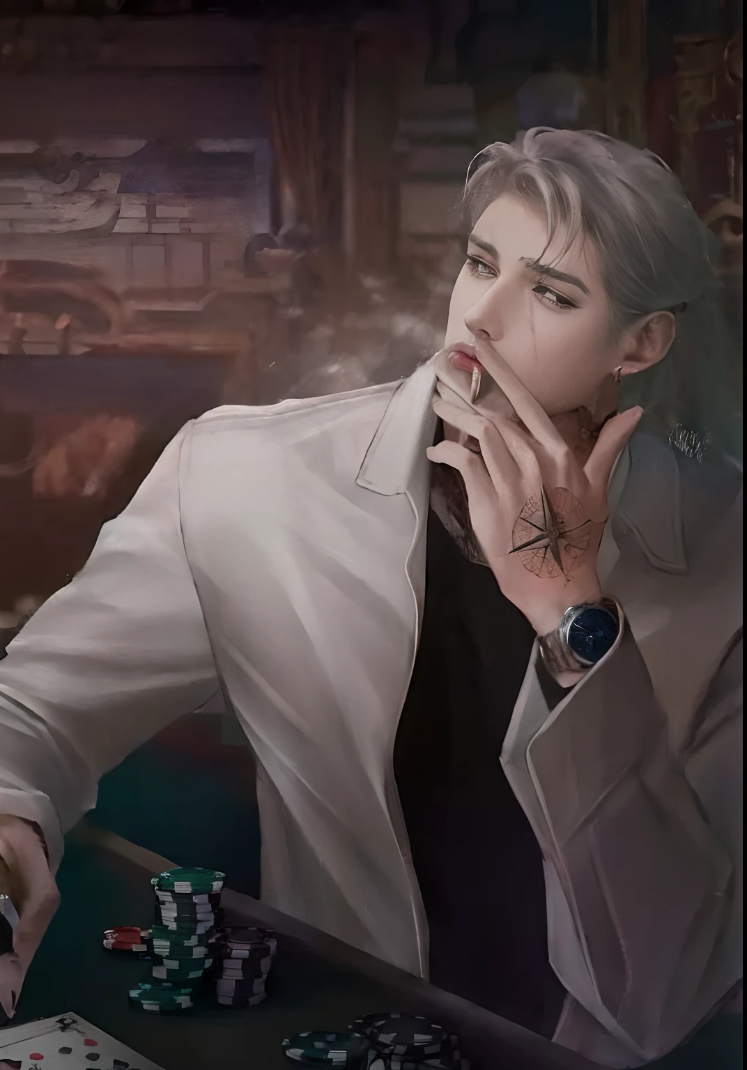 there is a man sitting at a table with a poker card, xqc, cai xukun, high quality fanart, discord pfp, handsome guy in demon slayer art, johan liebert mixed with alucard, highly detailed exquisite fanart, sakimichan frank franzzeta, sakimichan, devianart trending, trending on devianart