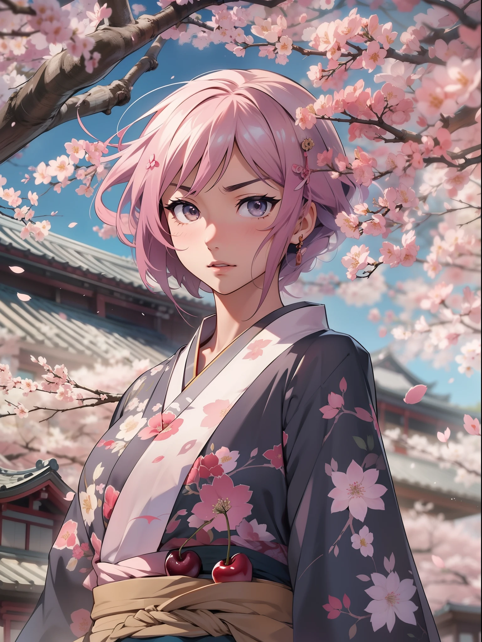 Capture the essence of Haruna Sakura, the enigmatic Japanese anime character, in a cinematic masterpiece. Depict her in a pivotal moment of her journey, surrounded by the beauty of cherry blossoms and her unwavering determination. Let your art or words bring her character to life, evoking emotion and intrigue