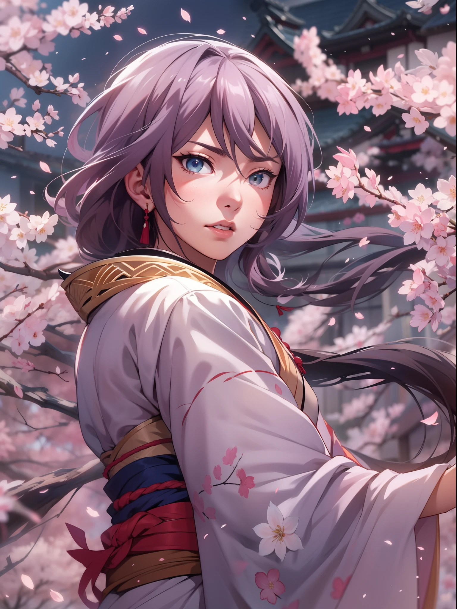 Capture the essence of Haruna Sakura, the enigmatic Japanese anime character, in a cinematic masterpiece. Depict her in a pivotal moment of her journey, surrounded by the beauty of cherry blossoms and her unwavering determination. Let your art or words bring her character to life, evoking emotion and intrigue