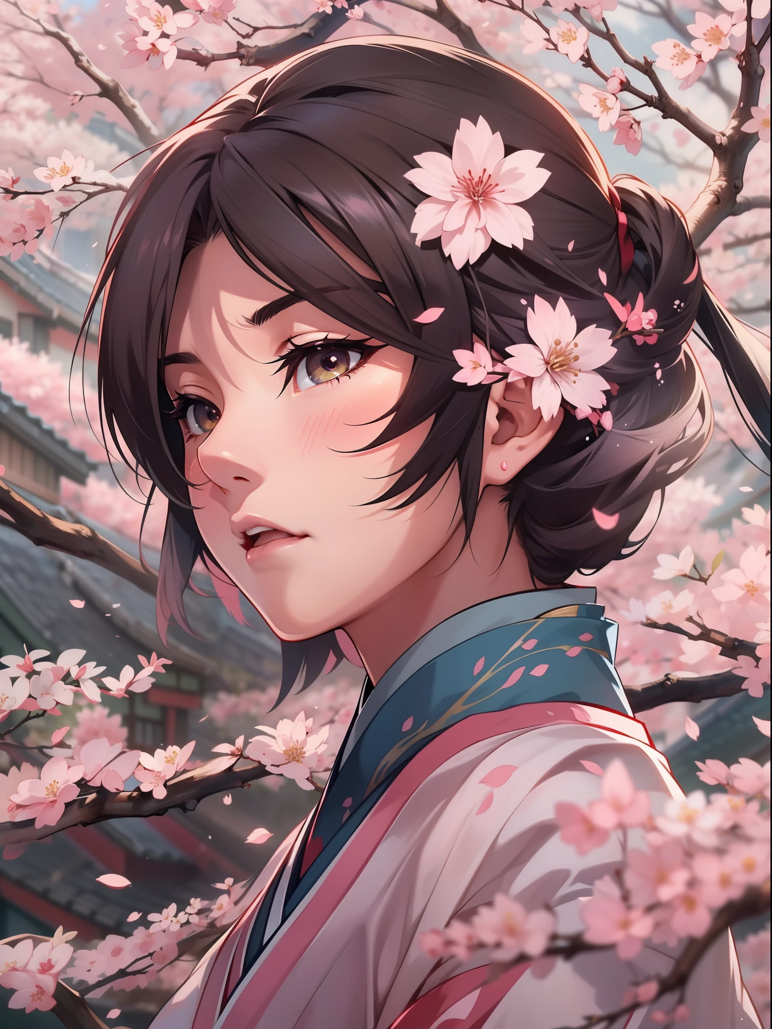 Capture the essence of Haruna Sakura, the enigmatic Japanese anime character, in a cinematic masterpiece. Depict her in a pivotal moment of her journey, surrounded by the beauty of cherry blossoms and her unwavering determination. Let your art or words bring her character to life, evoking emotion and intrigue