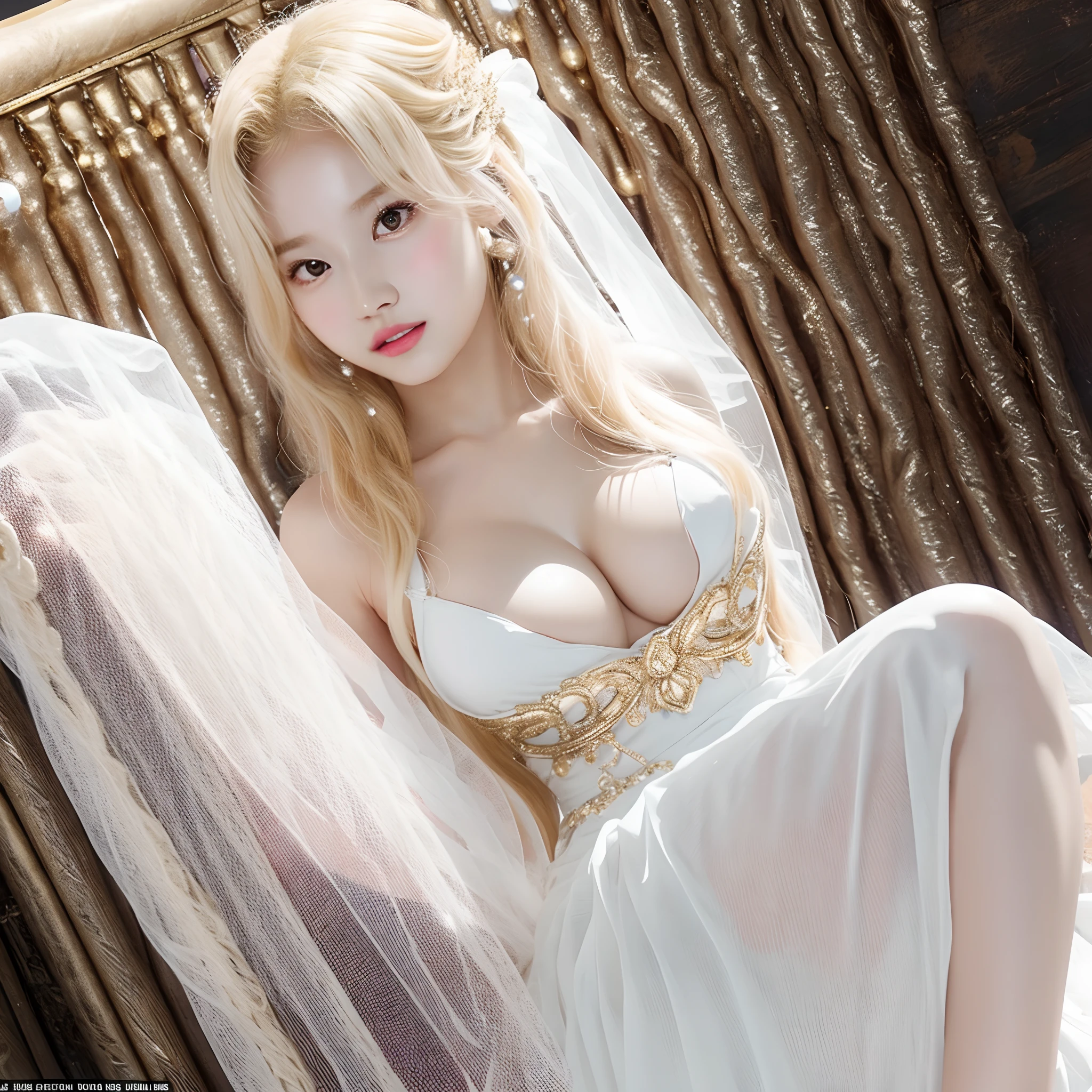 Images of Twice's healthy with perfect features, full body and dressed in a white princess dress with huge breasts sitting on a highly detailed white throne with gold stone borders