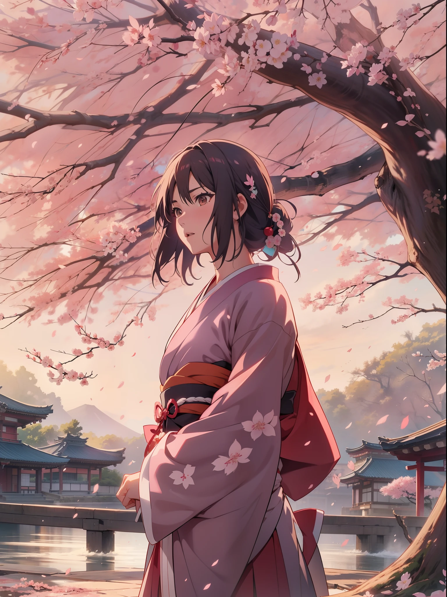 Capture the essence of Haruna Sakura, the enigmatic Japanese anime character, in a cinematic masterpiece. Depict her in a pivotal moment of her journey, surrounded by the beauty of cherry blossoms and her unwavering determination. Let your art or words bring her character to life, evoking emotion and intrigue