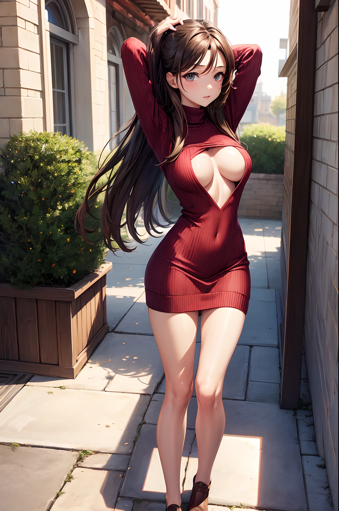 sksbrooke person, sksbrooke, (masterpiece:1.2), (best quality:1.2), perfect eyes, perfect face, 1girl, solo, brown eyes, (medium breasts), perky breasts, seductive look, red sexy virgin killer sweater dress, porch, hands behind head