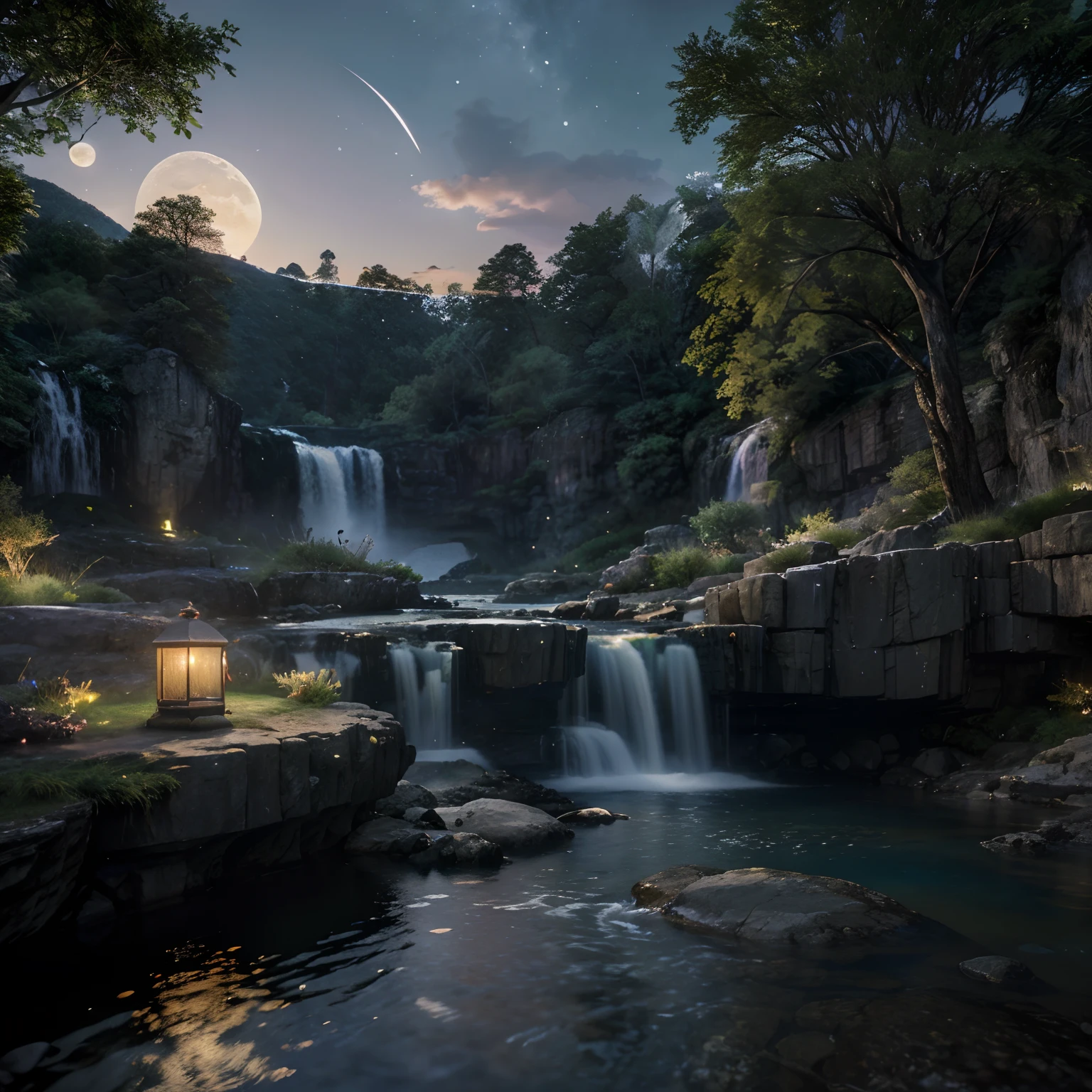 ake, arch, corner, rockerie, tree, flowing water, landscape, outdoors, waterfall, meadow, rock, stream, moon, night sky, night scene, hot spring, steam, magnificent composition, darkness, moonlight, high resolution detail, masterpiece, best quality, (high detail cg unified 8k wallpaper), (highest quality)