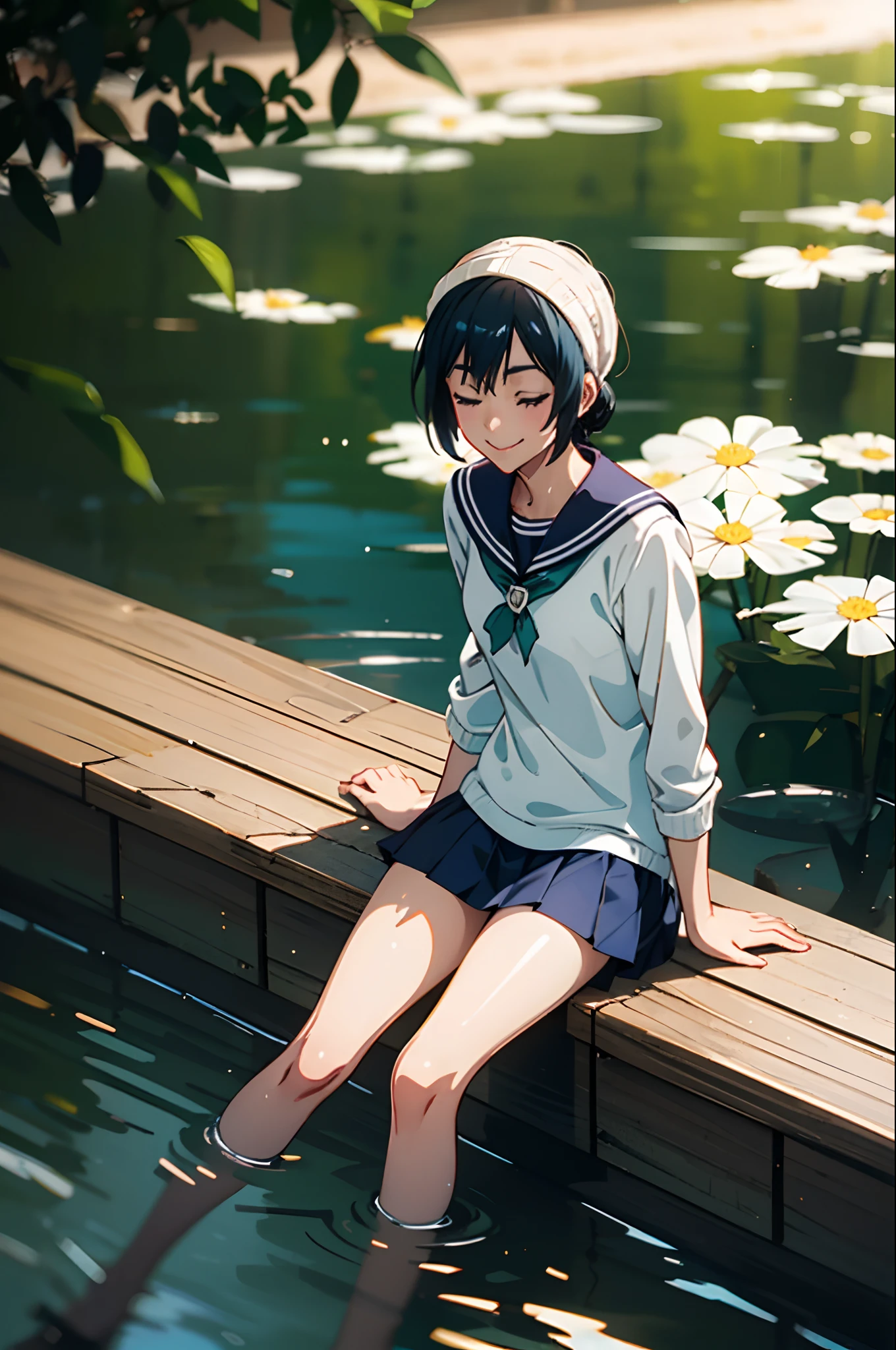 1girll, Sitting, View of the pond, llight rays, Particle, (the background is blurred), Dramatic Lighting, Wet, Dappled sunlight, Smile, Eyes closed, From  above, serafuku