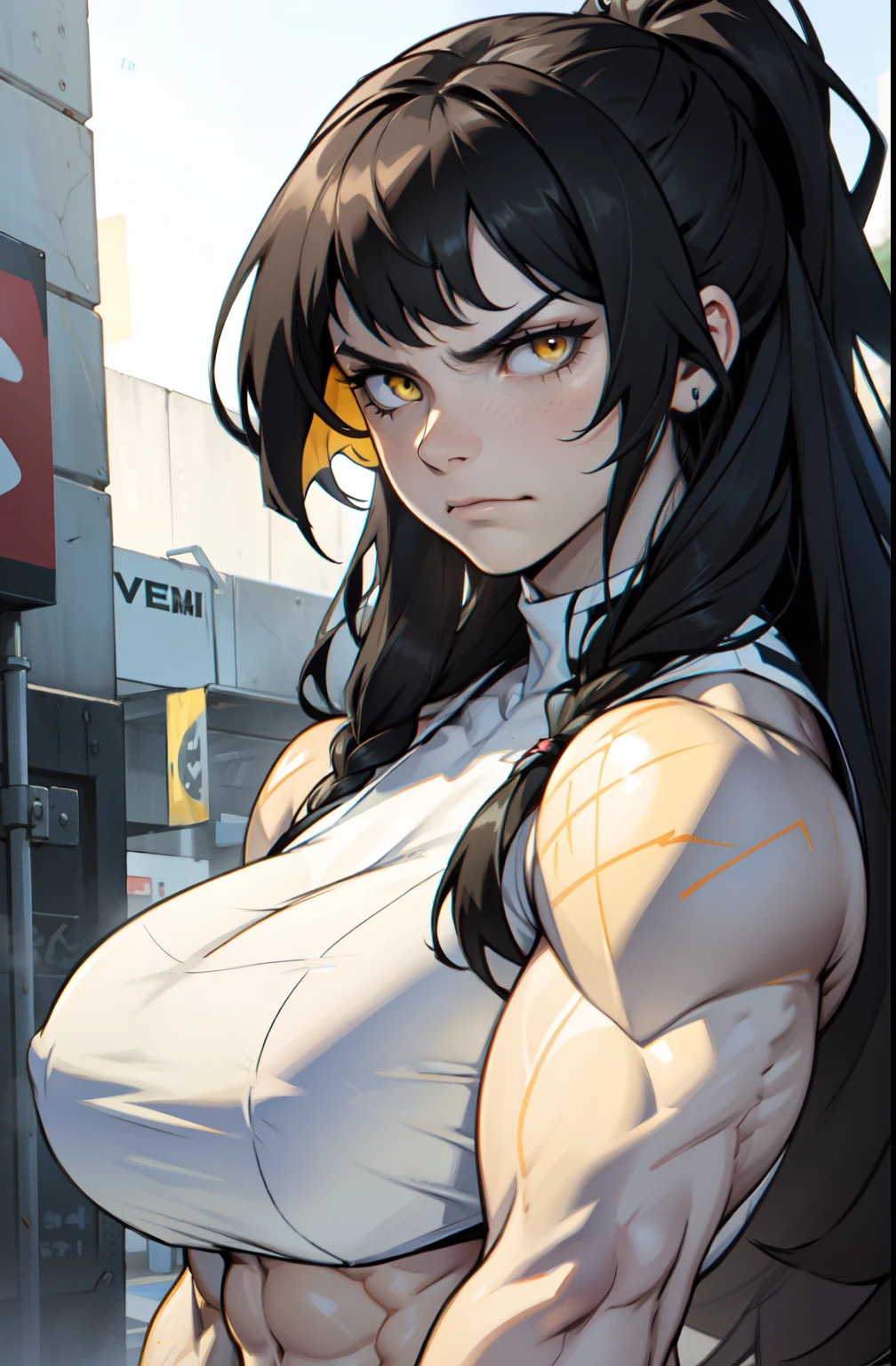 ((1 girl)), extremely long hair, solo, ((muscular)), veins, black hair, yellow eyes, pale skin, strong, veins, abs, (huge breasts), frowning, close up