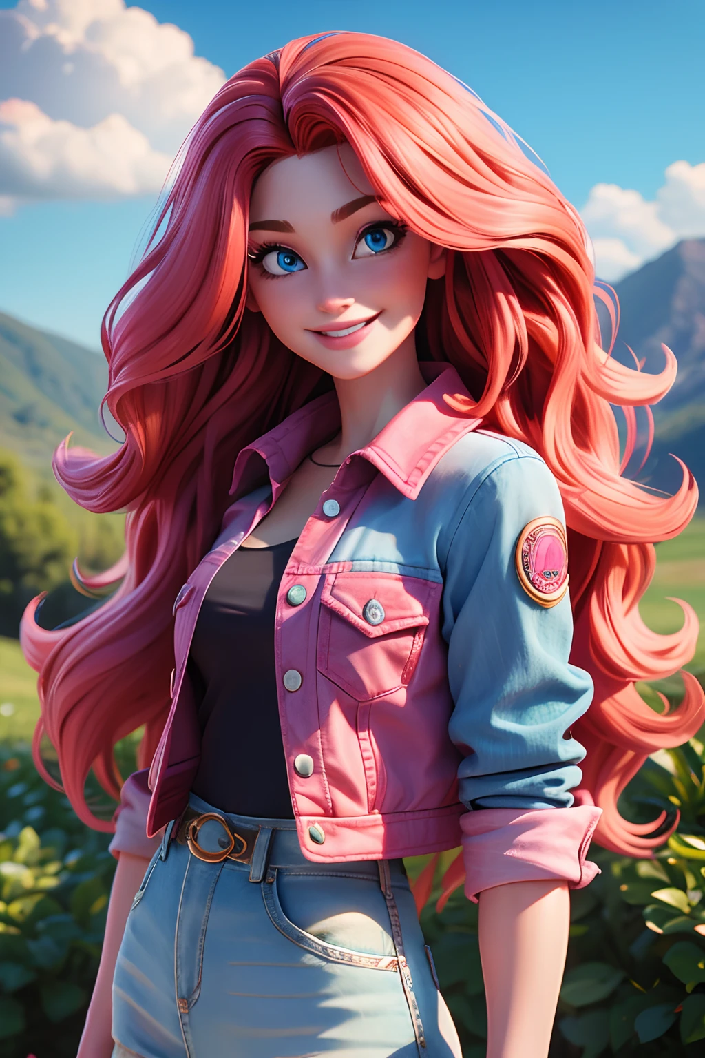 A Caucasian woman, with long red wavy hair, fox-like blue eyes, vibrant in a pink blouse and a denim jacket, she is smiling, with a cell phone in her hand. Best Quality, Super Detailed,4k