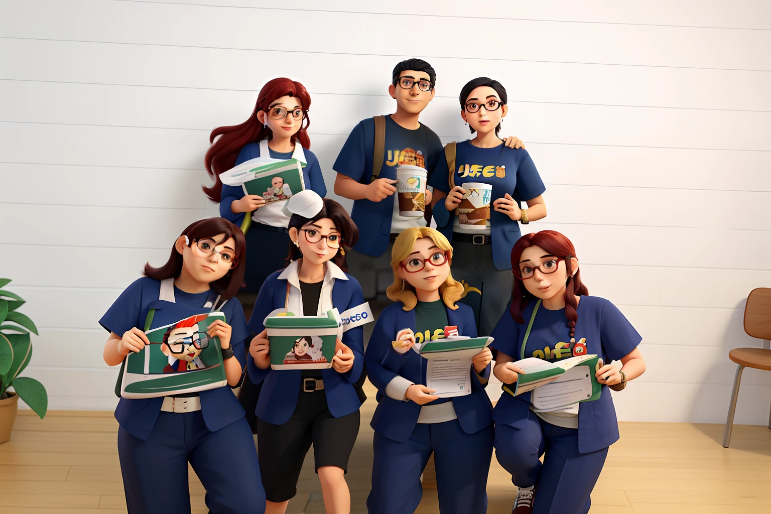 Obra-prima, de melhor qualidade, Three psychologists drinking coffee, sendo uma mulher de 40 anos loira, With shoulder-length hair, boca vermelha, brincos dourados gordinha com camiseta escrito Setting Corporativo, uma mulher japonesa com cabelo bem curto e encaracolado e raspado do lado esquerdo, with big glasses and big red rectangular earring, camiseta verde escrita Setting Corporativo, um homem de 55 anos, com bastante cabelo e barba grisalha, with Jung glasses with t-shirt written Corporate Setting. The three of them drink coffee and chat in a room at Freud's
