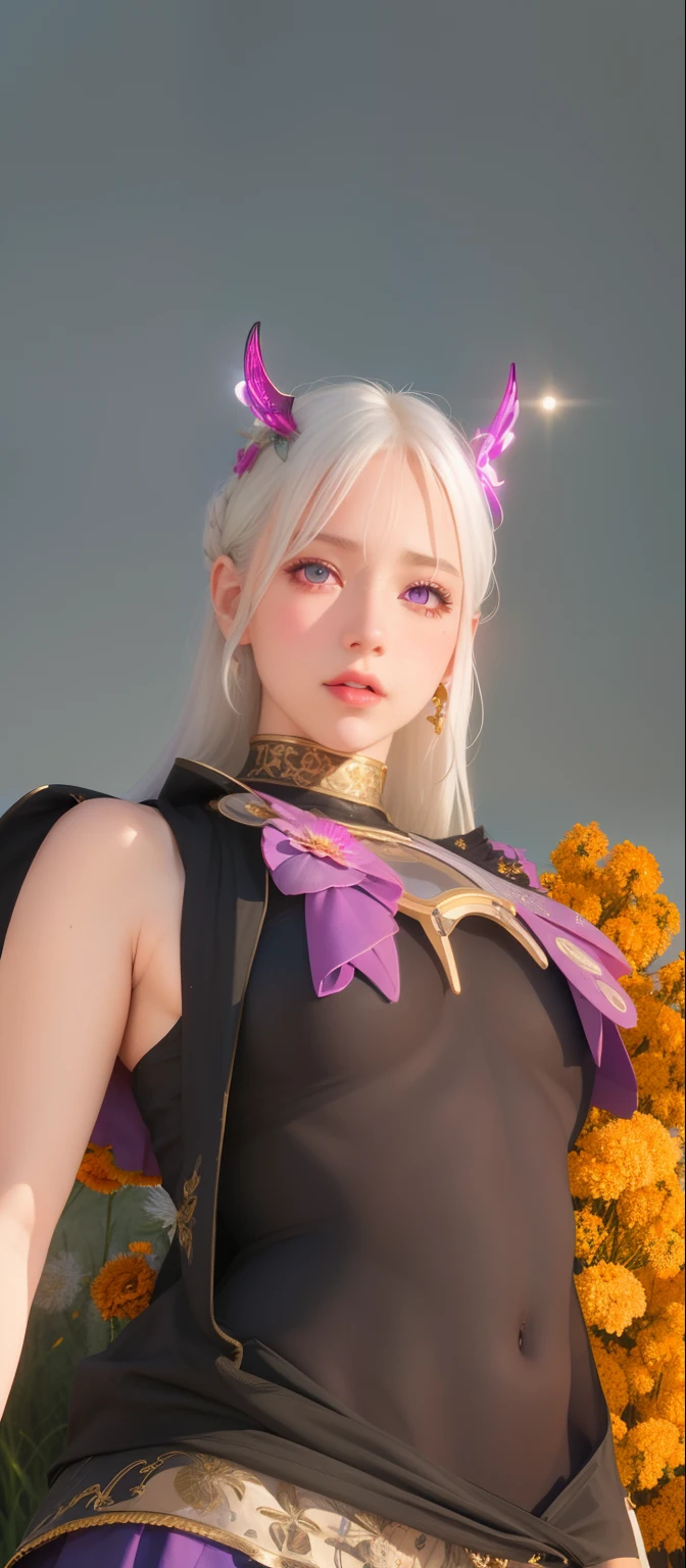 realistic, 1girl, white hair, purple eyes, glowing eyes, crop top, skirt, parted lips, blush, night, flowers, sun, sunlight,