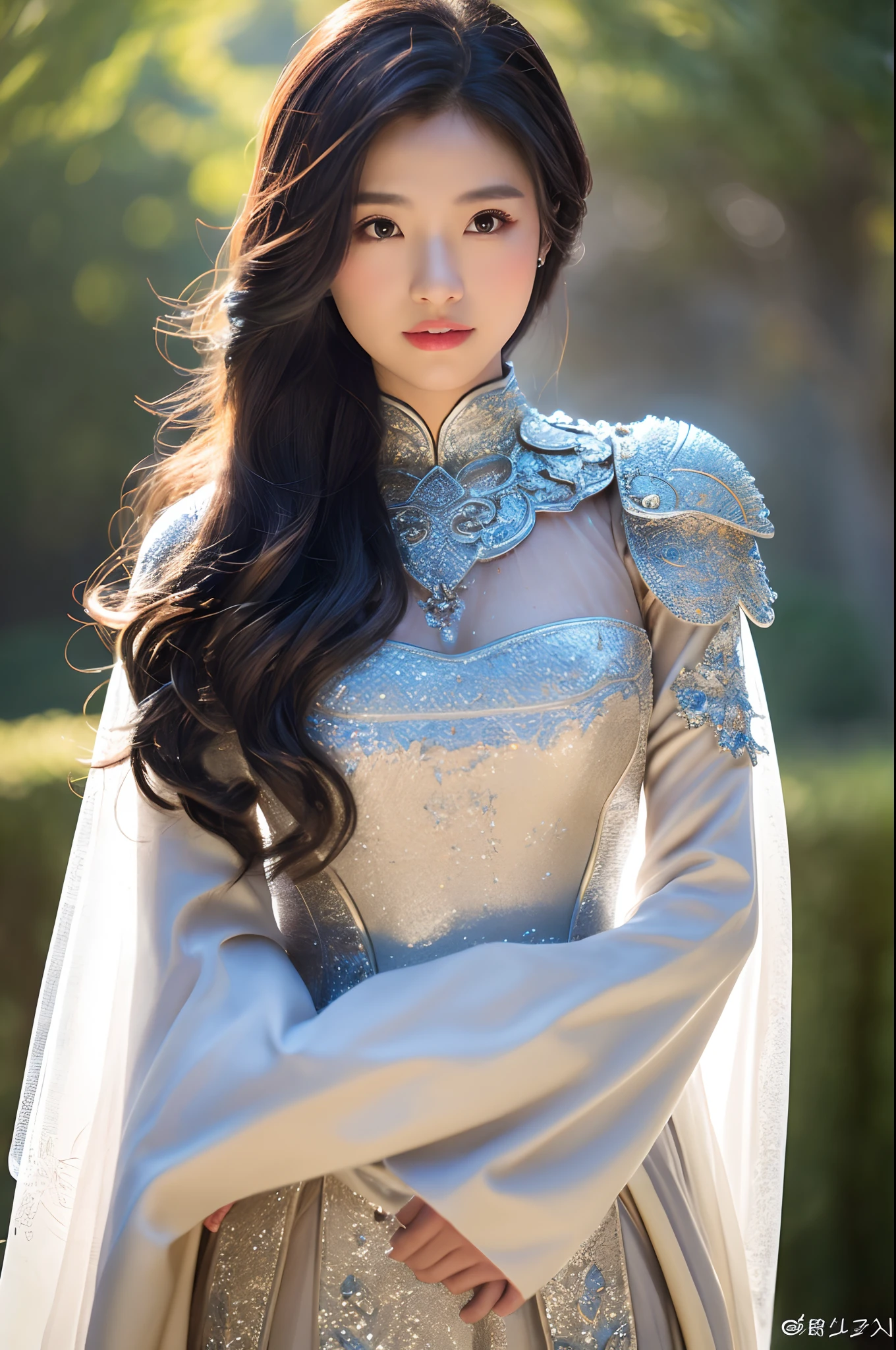 8K、ultra-detailliert、​masterpiece、top-quality、(ighly detailed)、dynamic ungle、mysterious look、Wind-effect、Fantasy Background、Rim Lighting、ciinematic light、超A high resolution、8K UHD、film grains、Best Shadows、delicate、RAW、Particles of light、detailed skin textures、detailed armor texture、A detailed face、intricate-detail、ultra-detailliert、发光、strong con、Silver armor、(Holding weapons)、Slashing、Slashing Action、large full breasts,scapular、radiant eyes、 long cloak、Fantasia、(逼真)、armor on the shoulders、Convoluted、Convoluted、Perfect litthing、looking at the viewers、电影灯光、flying though the air、flight、Holy Light、Brilliant、bangss、Windy、Frozen mountains々、Long white wavy hair、Rich Queen