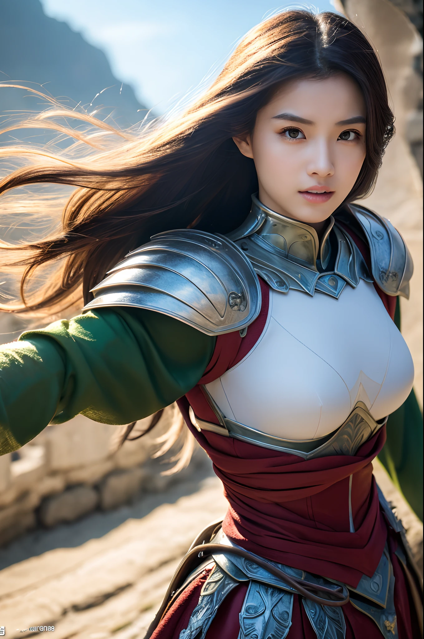8K、ultra-detailliert、masterpiece、top-quality、(ighly detailed)、dynamic ungle、mysterious look、Wind-effect、Fantasy Background、Rim Lighting、ciinematic light、超A high resolution、8K UHD、film grains、Best Shadows、delicate、RAW、Particles of light、detailed skin textures、detailed armor texture、A detailed face、intricate-detail、ultra-detailliert、发光、strong con、Silver armor、(Holding weapons)、Slashing、Slashing Action、large full breasts,scapular、radiant eyes、 long cloak、Fantasia、(逼真)、armor on the shoulders、Convoluted、Convoluted、Perfect litthing、looking at the viewers、电影灯光、flying though the air、flight、Holy Light、Brilliant、bangss、Windy、Frozen mountains々、Long white wavy hair、Rich Queen