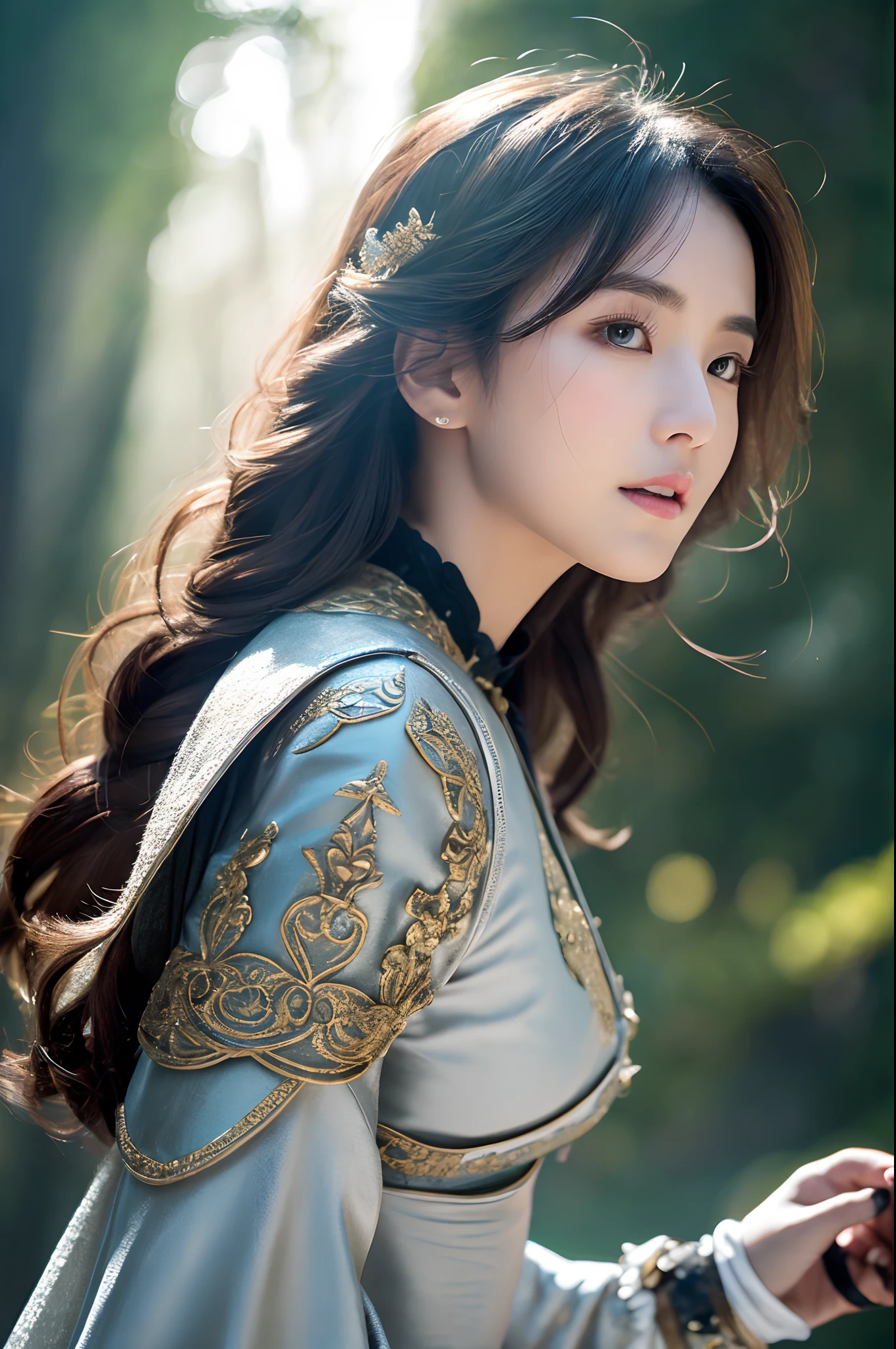 8K、ultra-detailliert、​masterpiece、top-quality、(ighly detailed)、dynamic ungle、mysterious look、Wind-effect、Fantasy Background、Rim Lighting、ciinematic light、超A high resolution、8K UHD、film grains、Best Shadows、delicate、RAW、Particles of light、detailed skin textures、detailed armor texture、A detailed face、intricate-detail、ultra-detailliert、发光、strong con、Silver armor、(Holding weapons)、Slashing、Slashing Action、large full breasts,scapular、radiant eyes、 long cloak、Fantasia、(逼真)、armor on the shoulders、Convoluted、Convoluted、Perfect litthing、looking at the viewers、电影灯光、flying though the air、flight、Holy Light、Brilliant、bangss、Windy、Frozen mountains々、Long white wavy hair、Rich Queen