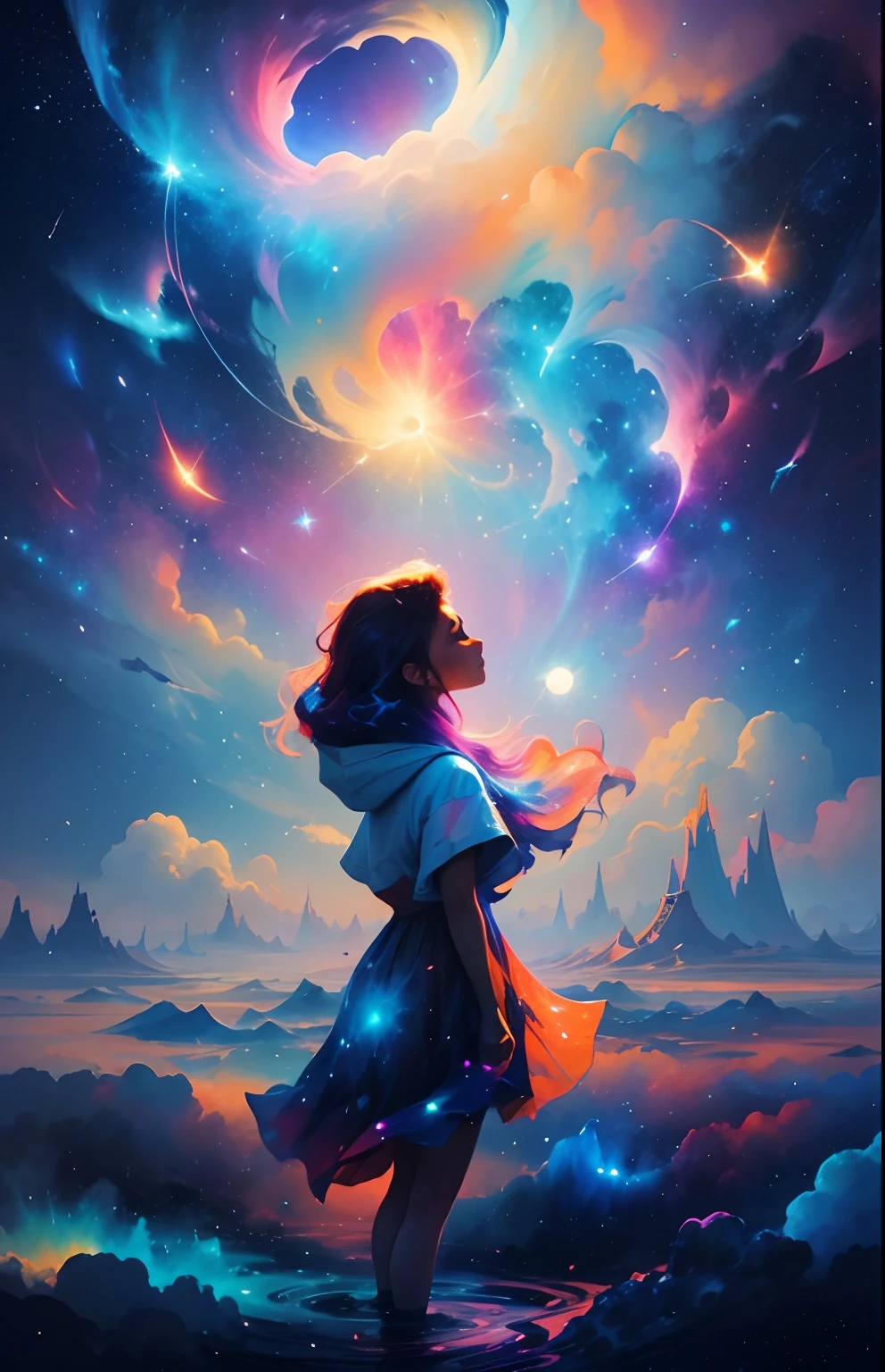Girl standing in the clouds, stars floating around her, brilliant colors, amazing swirls of cosmic dust, colorful vibrant, light particles, water color painting, splash art,