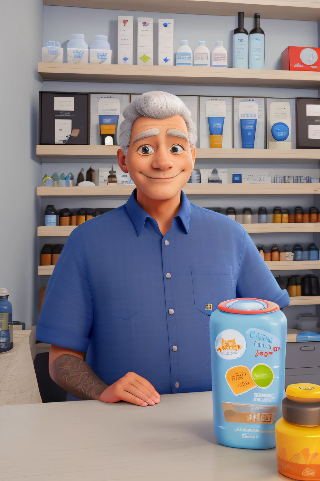 um velho homem vestindo vestindo azul, She is smiling and has as a background the flattening of essence products