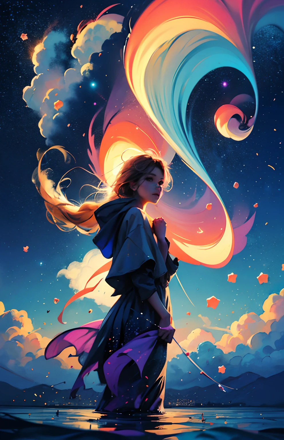 Girl standing in the clouds, stars floating around her, brilliant colors, amazing swirls of cosmic dust, colorful vibrant, light particles, water color painting, splash art,
