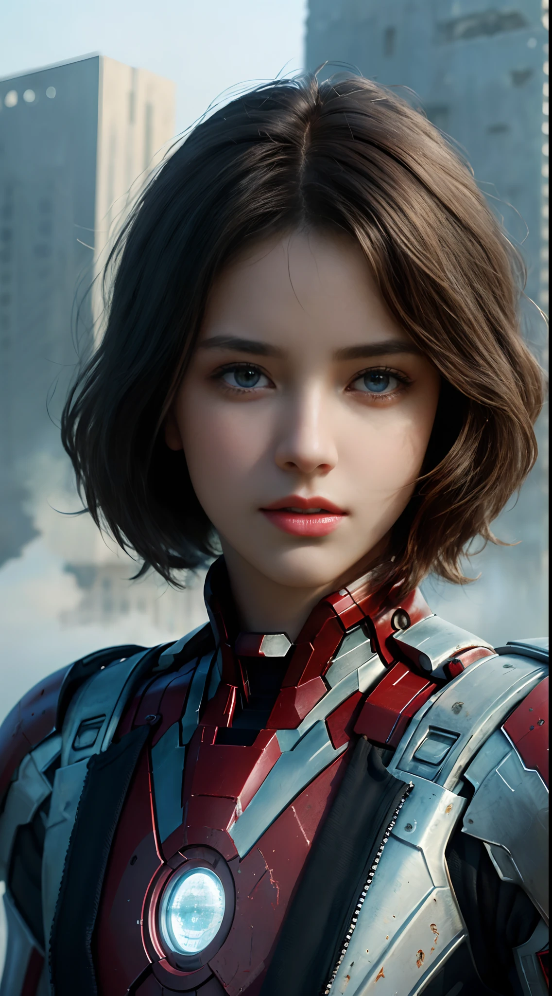 (1girl:1.3), Solo, (((Very detailed face)))), ((Very detailed eyes and face)))), Beautiful detail eyes, Body parts__, Official art, Unified 8k wallpaper, Super detailed, beautiful and beautiful, beautiful, masterpiece, best quality, original, masterpiece, super fine photo, best quality, super high resolution, realistic realism, sunlight, full body portrait, amazing beauty, dynamic pose, delicate face, vibrant eyes, (from the front), She wears an Iron Man suit, red and black color scheme, war armor, very detailed war ruins background, detailed face, detailed complex busy background, messy, gorgeous, milky white, highly detailed skin, realistic skin details, visible pores, clear focus, volumetric fog, 8k uhd, DSLR, high quality, film grain, fair skin, photo realism, lomography, futuristic dystopian megalopolis, seen from below, translucent