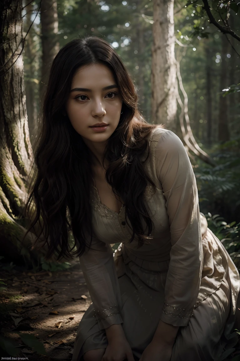 high quality, 8K Ultra HD, hyper-realistic, full body, A charming woman in a forest with a view of an old castle, The woman is portrayed in a moonlit setting, her features bathed in a soft, diffused glow that accentuates the delicate nuances of her expression. The artist, drawing from Sargent's precision, captures every subtle contour of her face, the intricacies of her gaze, and the cascading strands of her hair, In this mysterious ambiance, the artist employs da Vinci's mastery of shadow and light, creating an alluring interplay that accentuates the enigmatic aura surrounding the woman, Shadows dance across her features, enhancing the depth of her gaze and adding a touch of secrecy to the composition, by yukisakura, highly detailed,