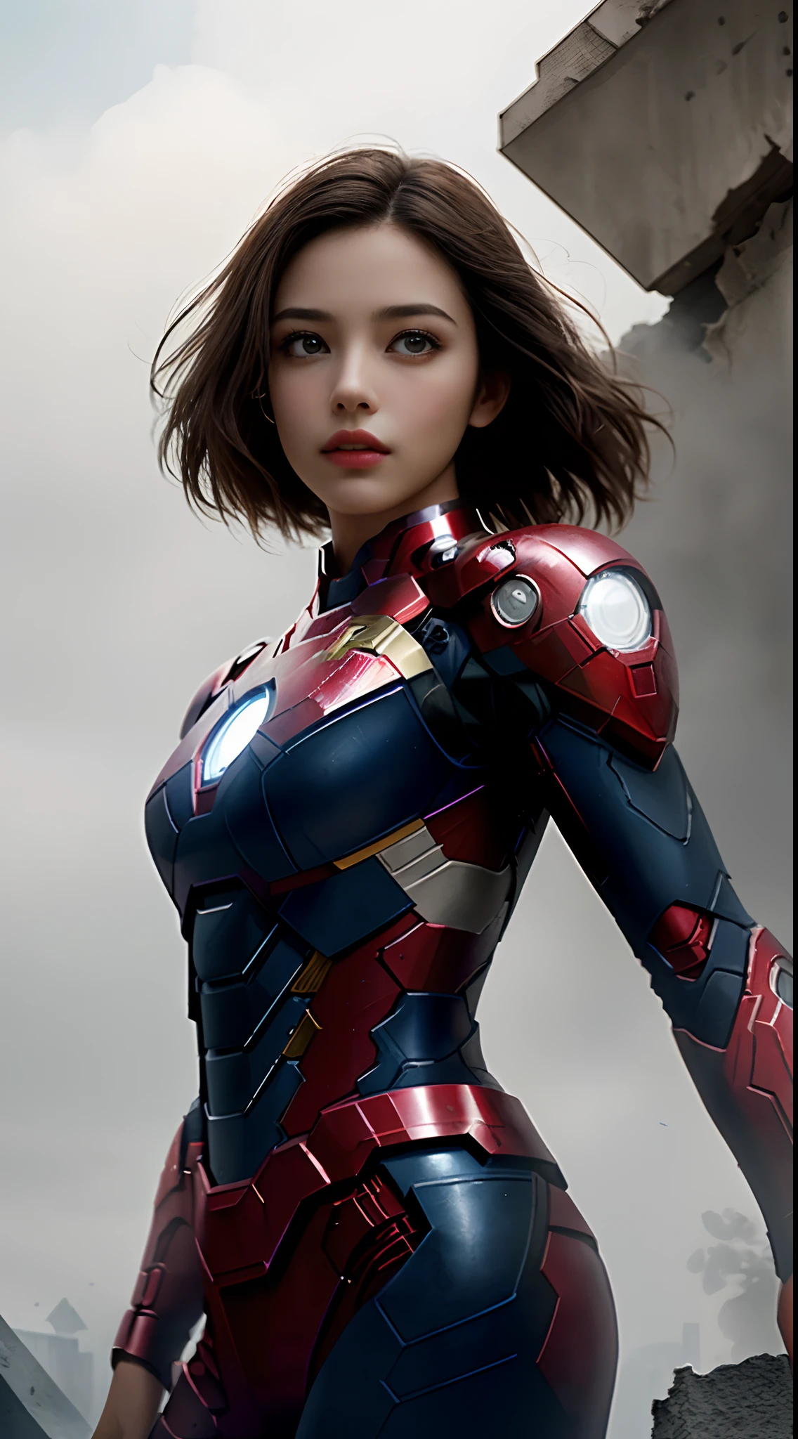 (1girl:1.3), Solo, (((Very detailed face)))), ((Very detailed eyes and face)))), Beautiful detail eyes, Body parts__, Official art, Unified 8k wallpaper, Super detailed, beautiful and beautiful, beautiful, masterpiece, best quality, original, masterpiece, super fine photo, best quality, super high resolution, realistic realism, sunlight, full body portrait, amazing beauty, dynamic pose, delicate face, vibrant eyes, (from the front), She wears an Iron Man suit, red and black color scheme, war armor, very detailed war ruins background, detailed face, detailed complex busy background, messy, gorgeous, milky white, highly detailed skin, realistic skin details, visible pores, clear focus, volumetric fog, 8k uhd, DSLR, high quality, film grain, fair skin, photo realism, lomography, futuristic dystopian megalopolis, seen from below, translucent