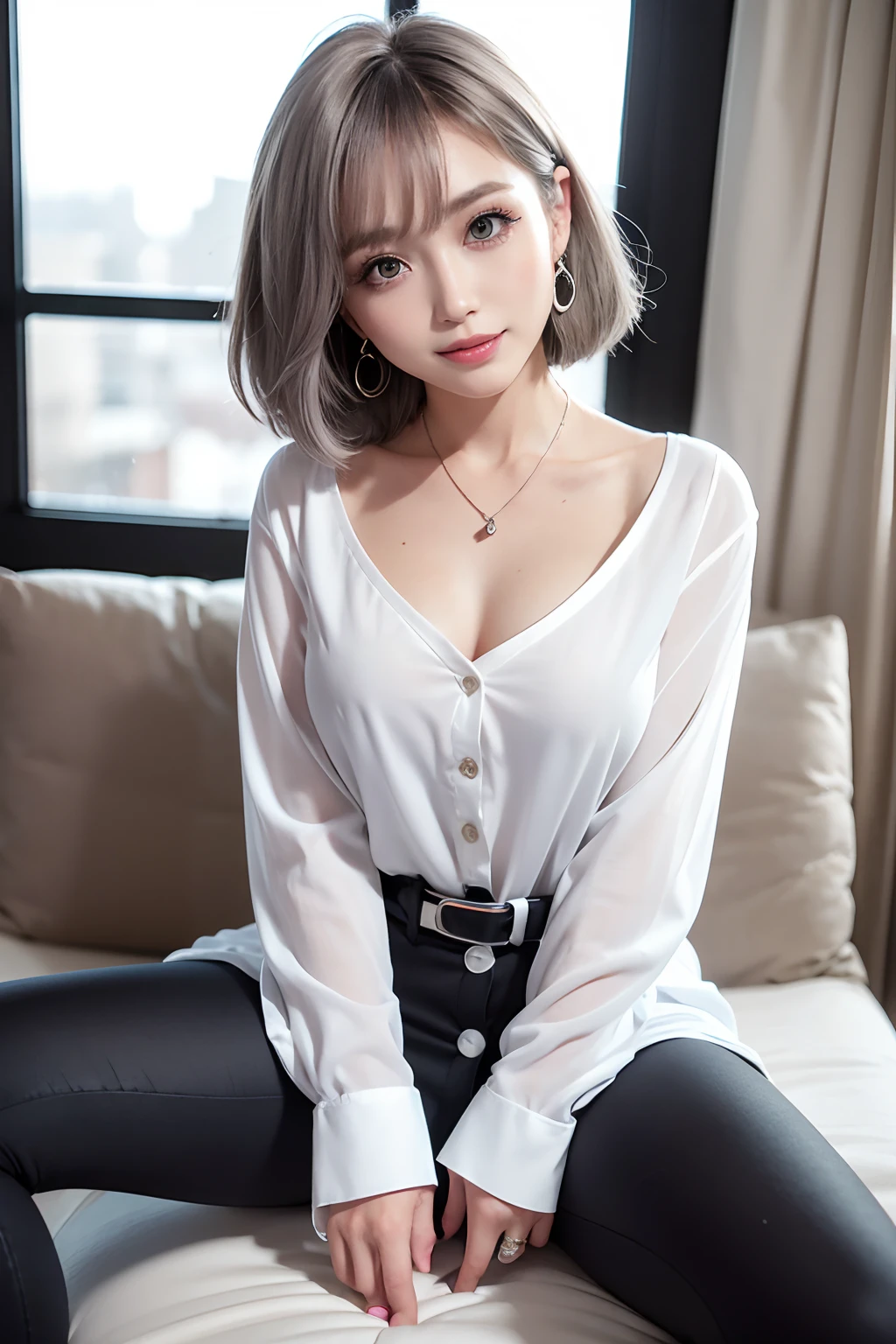 Masterpiece, 8K, award-winning photos, photorealistic, realistic, ultra detailed, ultra high definition, ray tracung,
__
the most beautiful, 22 years old ,(sexy,Japanese idol, gray hair, short hair),shiny skin , detailed skin , detailed face , detailed eyes ,
__
__
(droopy eyes:1.2) ,(Natural makeup:1.2),(smile:1.3),glistening teeth,
__
glowing blue eyes, (tan skin:1.2),
__
BREAK (White theme:1.4), (White Blouse shirt), (long sleeves:1.2), ((collarbone, wrist):1.3),
BREAK (black theme:1.2), (black tight pants:1.2), (White high heels:1.2), ((necklace, earrings):1.2),
__
at a shopping mall, highly detailed background, , ultra-realistic textures, dramatic lighting ,raw photo, 1girl,