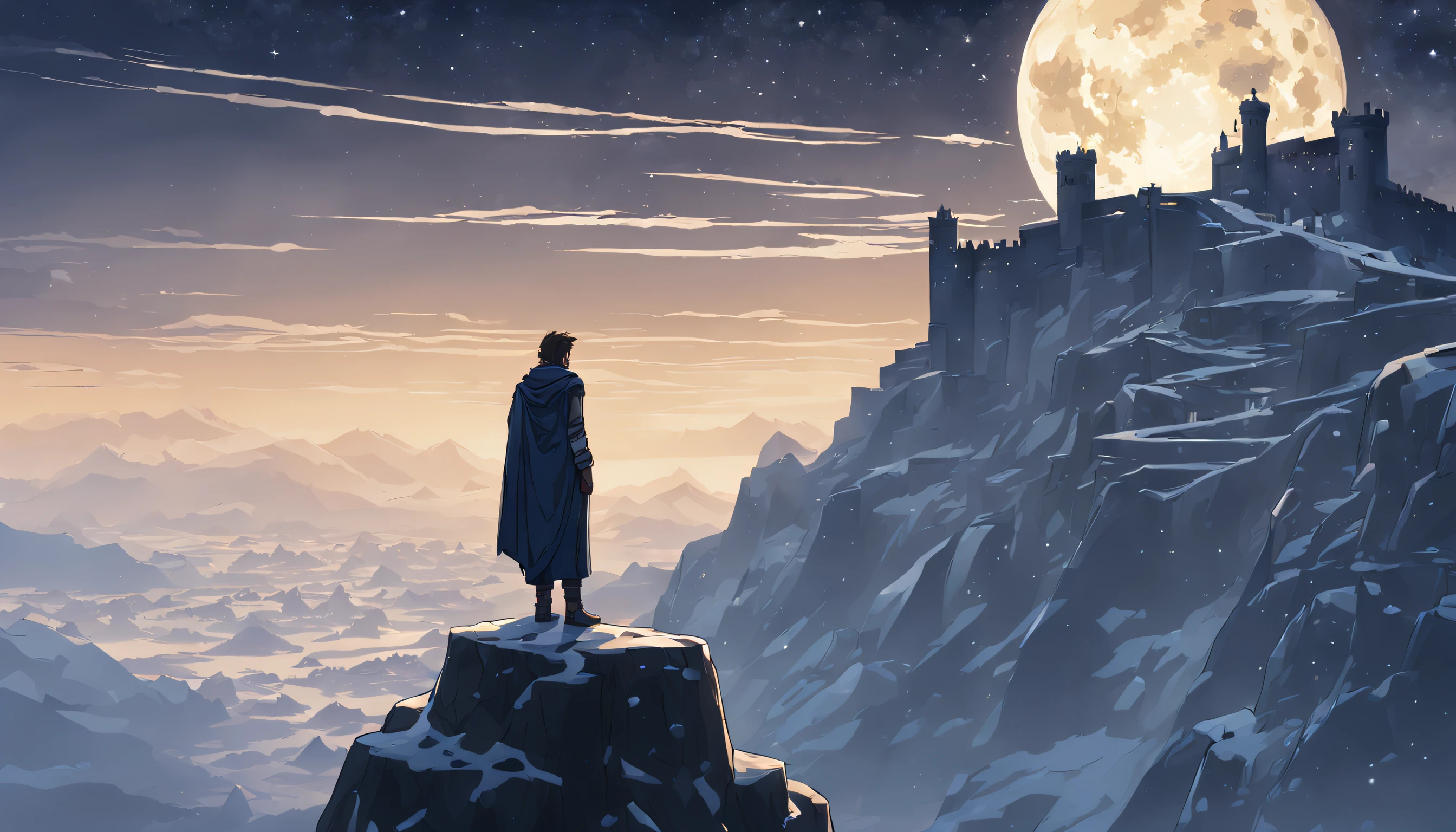 Visualize a high-resolution image of a stoic and serious being personifying wisdom in an imaginary historical setting. The character is standing on top of an ancient stone fortress, overlooking a vast realm below. The scenery is dominated by snow-covered mountains and a starry night sky. The color palette should be nocturnal, with deep blue and silver tones, highlighting the character's face with starlight, Illustration, digital art, --ar 16:9 --v 5.
