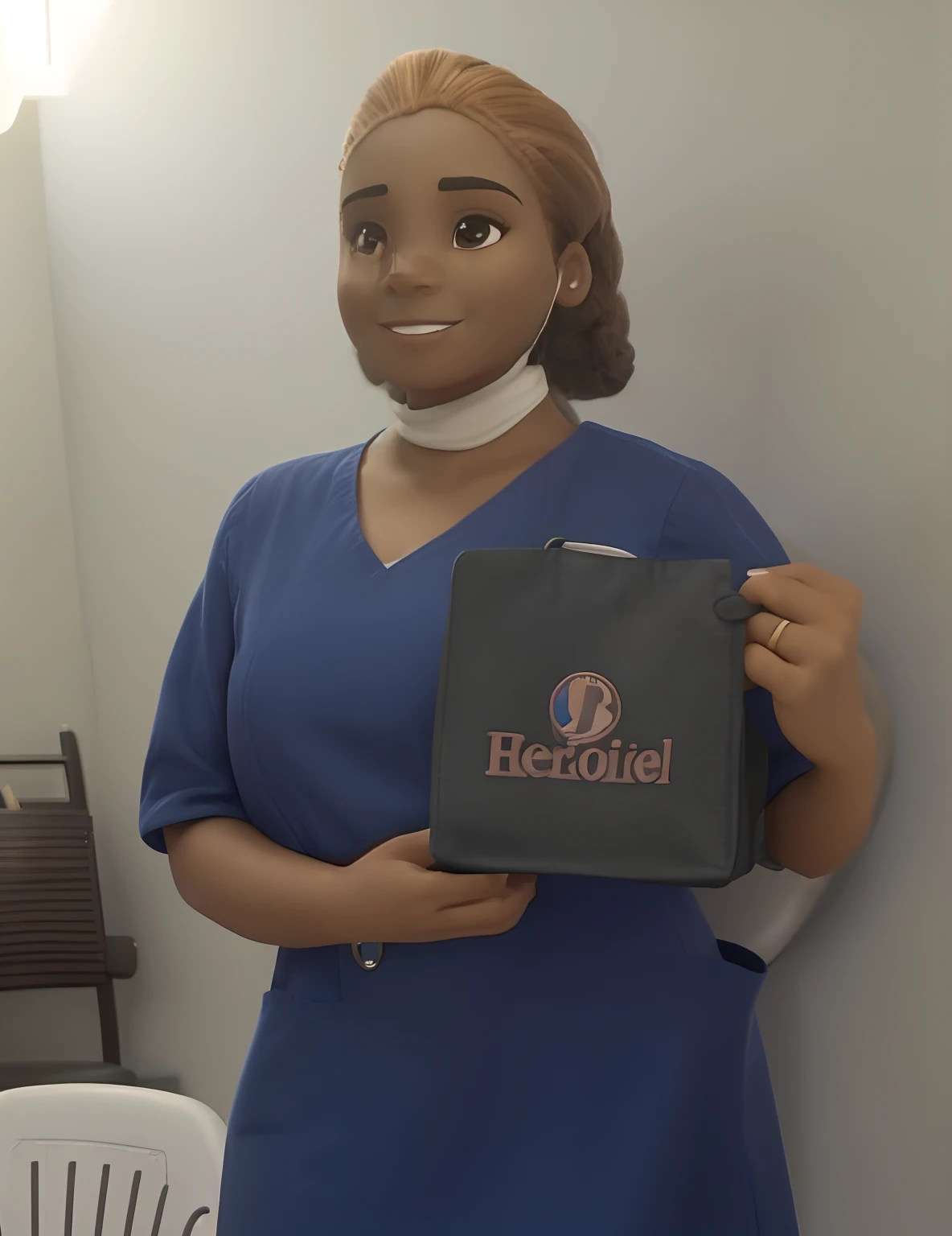 Create a Disney Pixar-style image of a woman of African descent, wearing a blue shirt, black hair, a mole on her face, standing in a room and holding a black bag. She appears to be a nurse, as she wears a blue coat, a protective mask below her face, common attire for medical professionals. The woman is smiling, possibly posing for a photo or showing off the bag she is holding. The room she is in has a chair visible in the background, suggesting it may be a medical or healthcare setting.