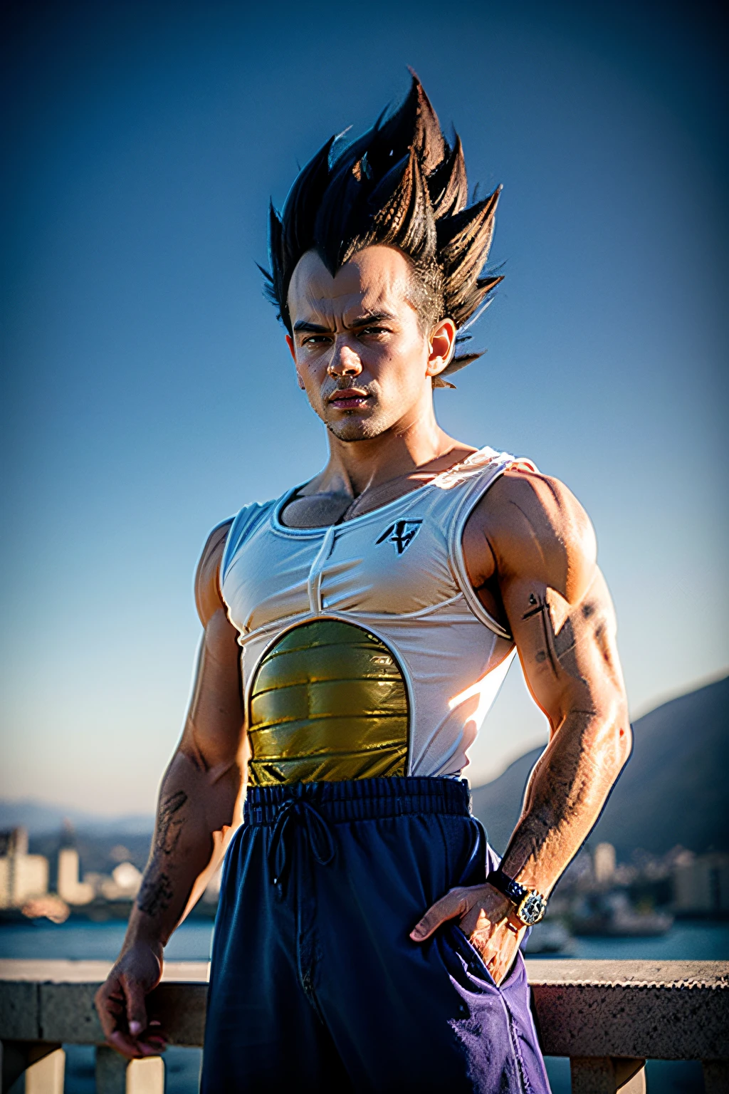 Homem em uma regata branca e shorts azuis. Vegeta humano fotorresalista, Vegeta, com cabelo de Vegeta, Principe Vegeta, personagem de jogo de luta, corpo musculoso, super saiyajin, pose de lutador, hyper realistic content. Cabelo Roxo, Olho Roxo